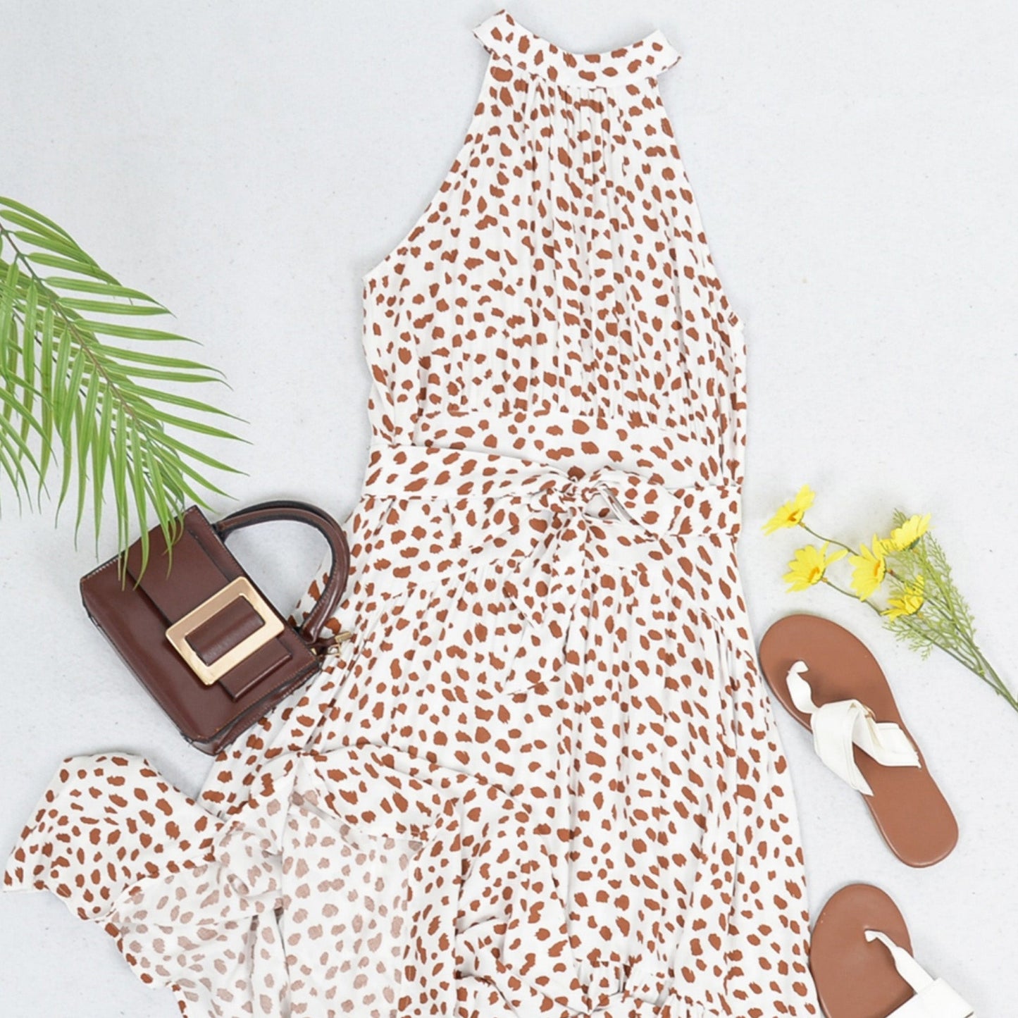 Halter Neck Floral Maxi Dress with Waist Tie and Flowing Skirt