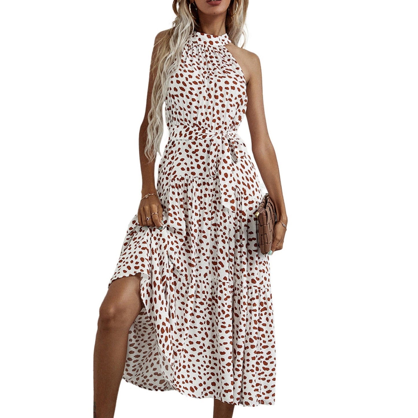 Halter Neck Floral Maxi Dress with Waist Tie and Flowing Skirt