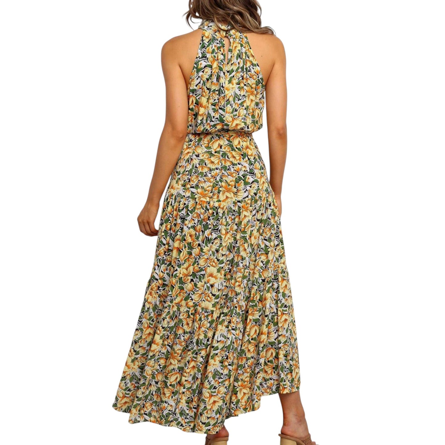 Halter Neck Floral Maxi Dress with Waist Tie and Flowing Skirt