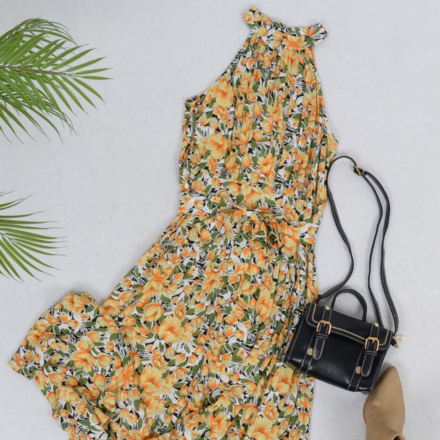 Halter Neck Floral Maxi Dress with Waist Tie and Flowing Skirt