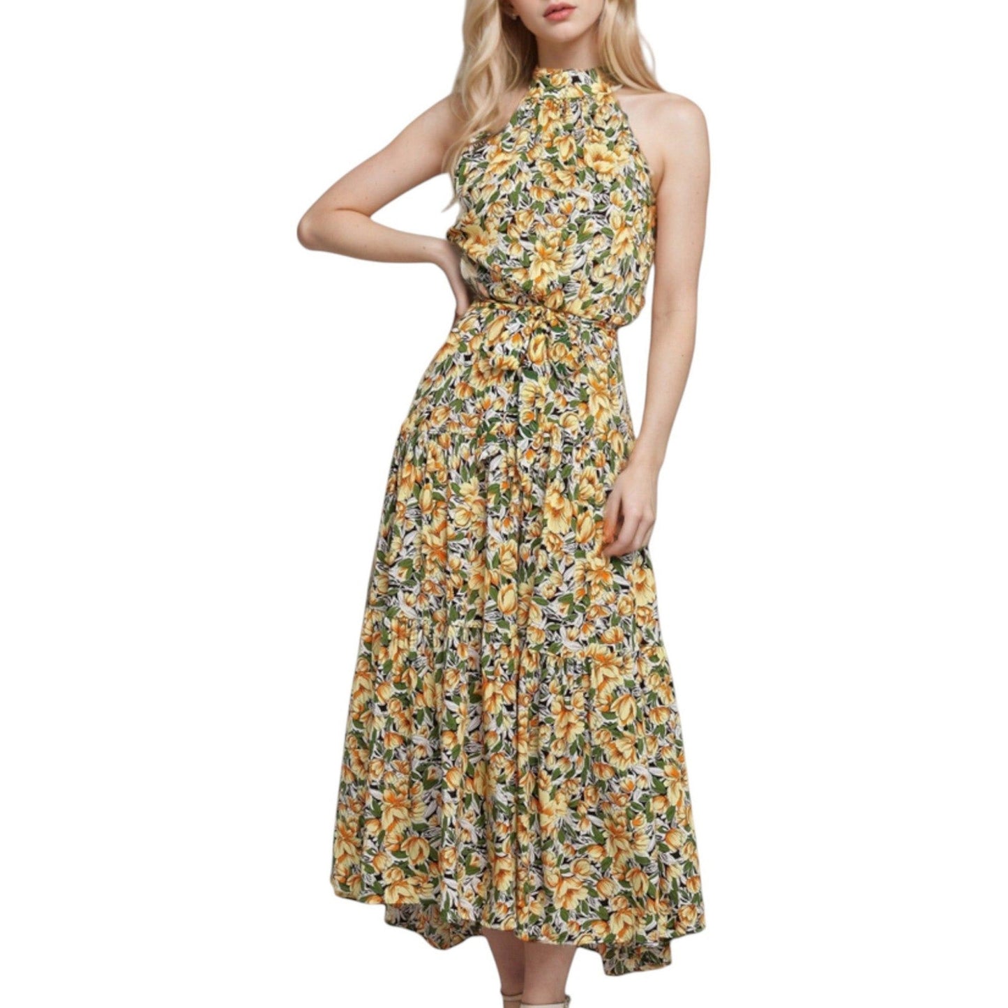 Halter Neck Floral Maxi Dress with Waist Tie and Flowing Skirt