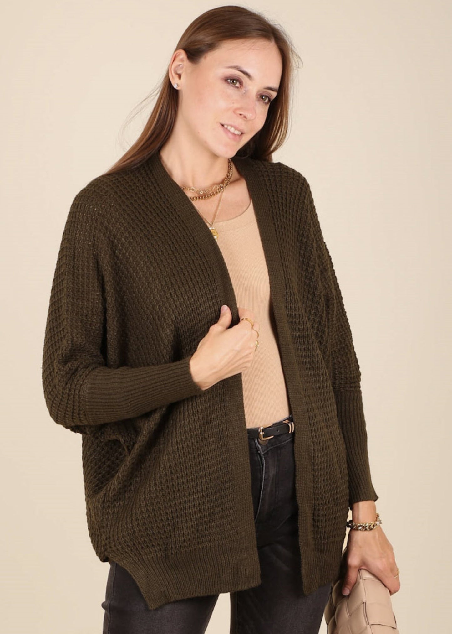 Waffle Knit Open Front Cardigan Sweater