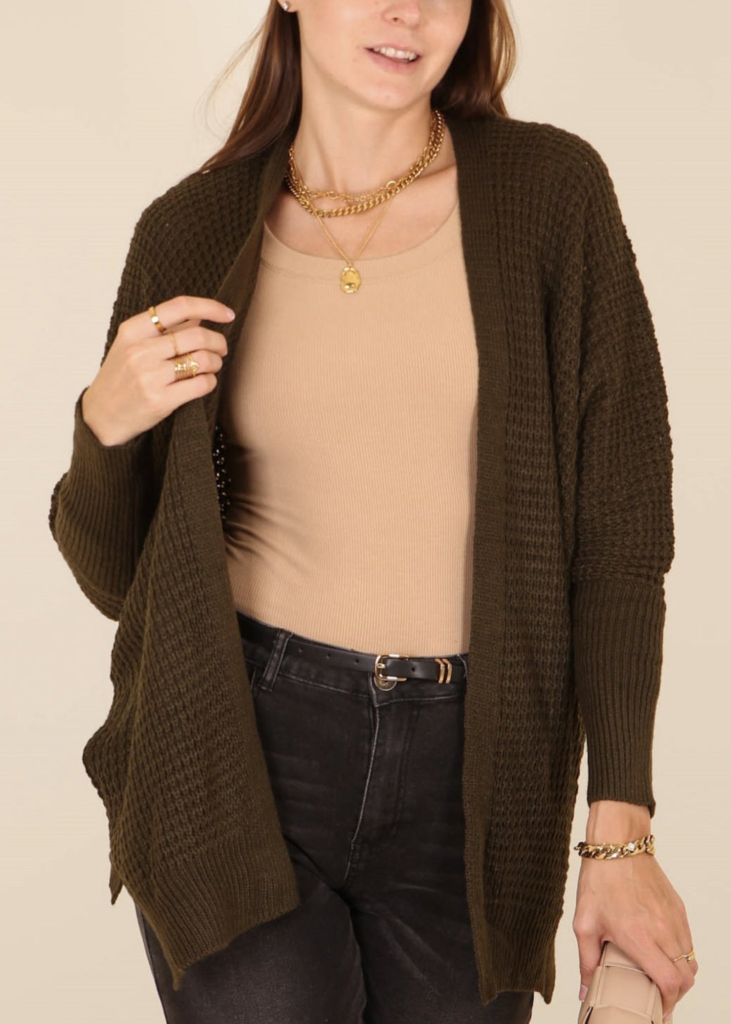 Waffle Knit Open Front Cardigan Sweater