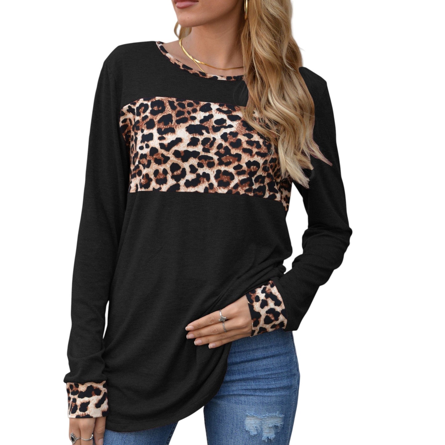 Long Sleeve Pullover Top with Leopard Print Chest Panel and Cuff Accents