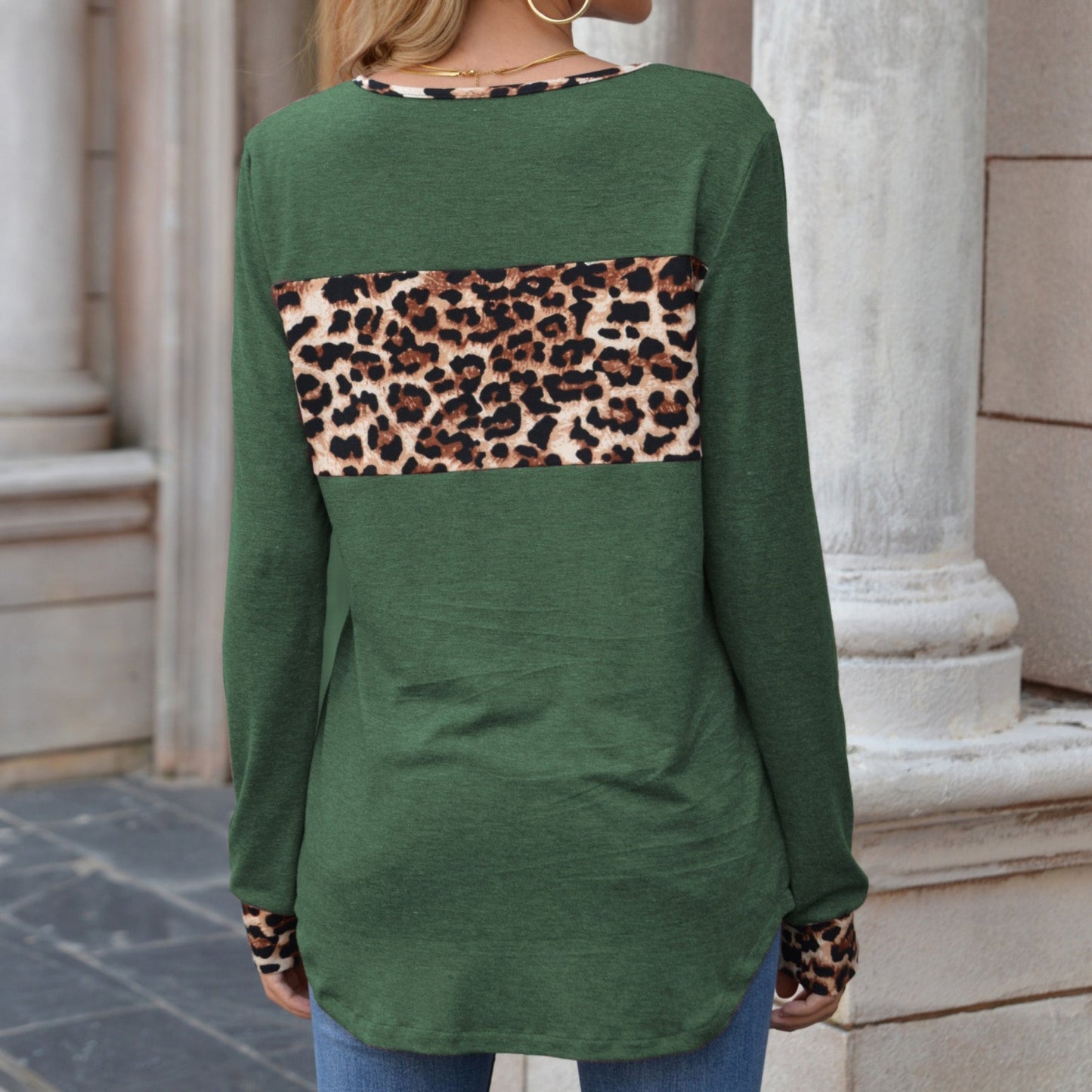 Long Sleeve Pullover Top with Leopard Print Chest Panel and Cuff Accents