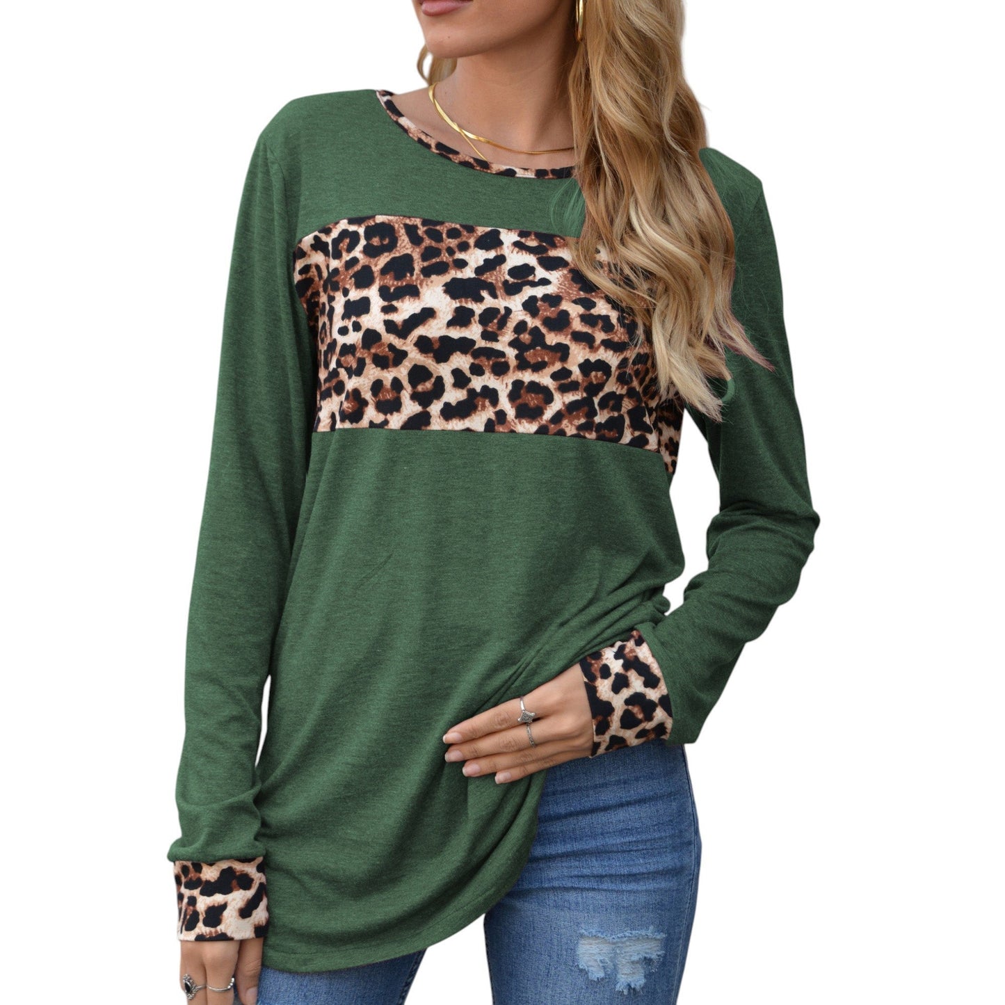 Long Sleeve Pullover Top with Leopard Print Chest Panel and Cuff Accents