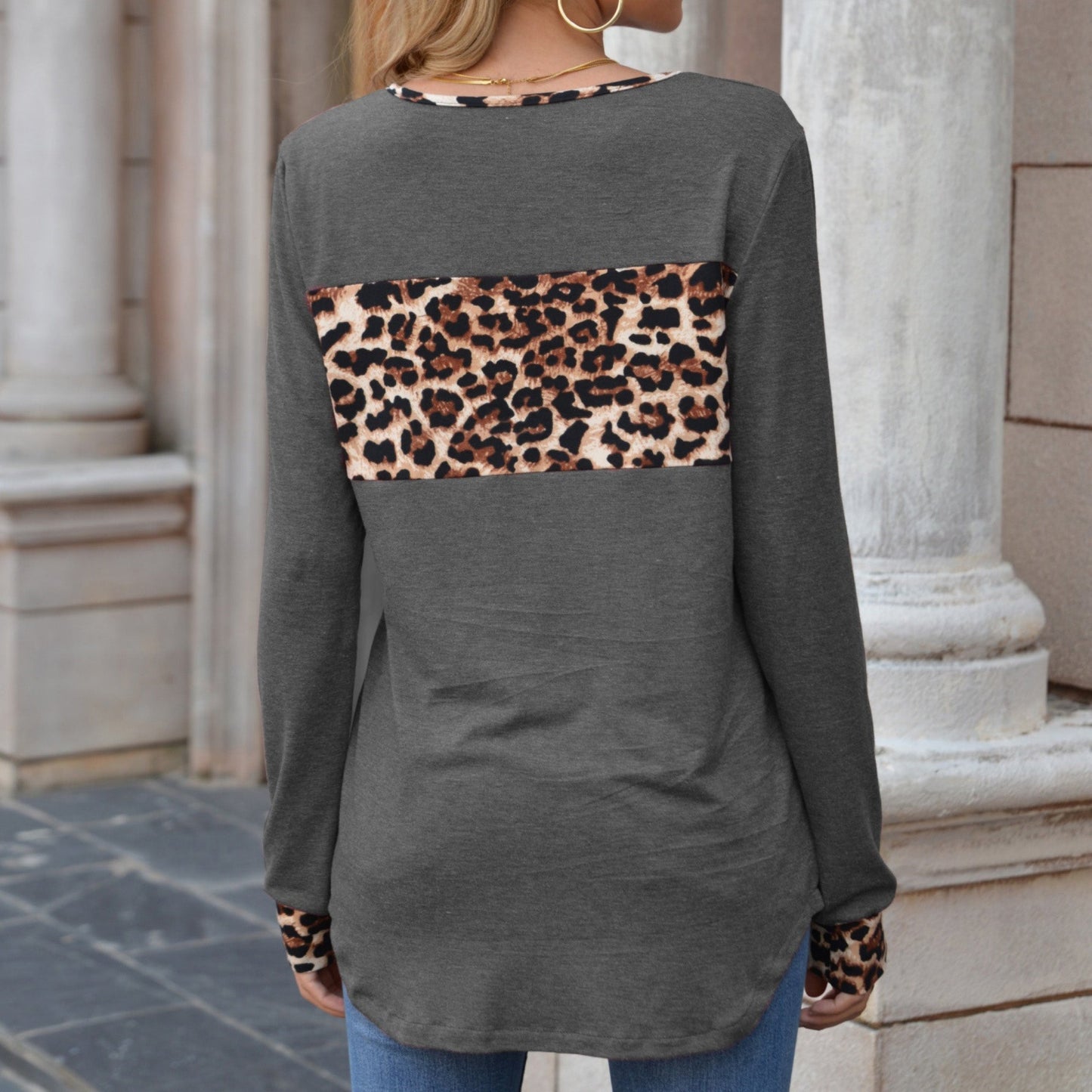 Long Sleeve Pullover Top with Leopard Print Chest Panel and Cuff Accents