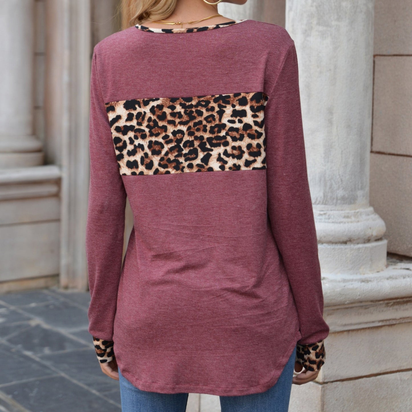 Long Sleeve Pullover Top with Leopard Print Chest Panel and Cuff Accents