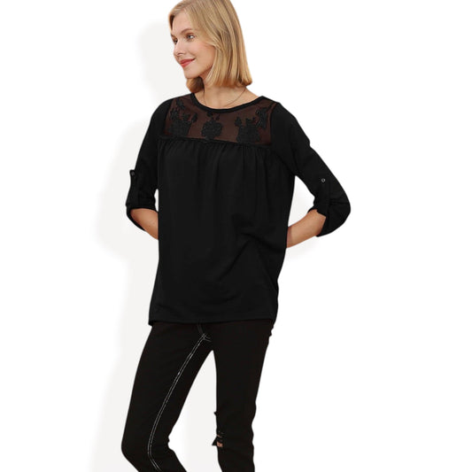 3/4 Sleeve Loose Fit Top with Sheer Floral Lace Yoke and Button Tab Sleeves