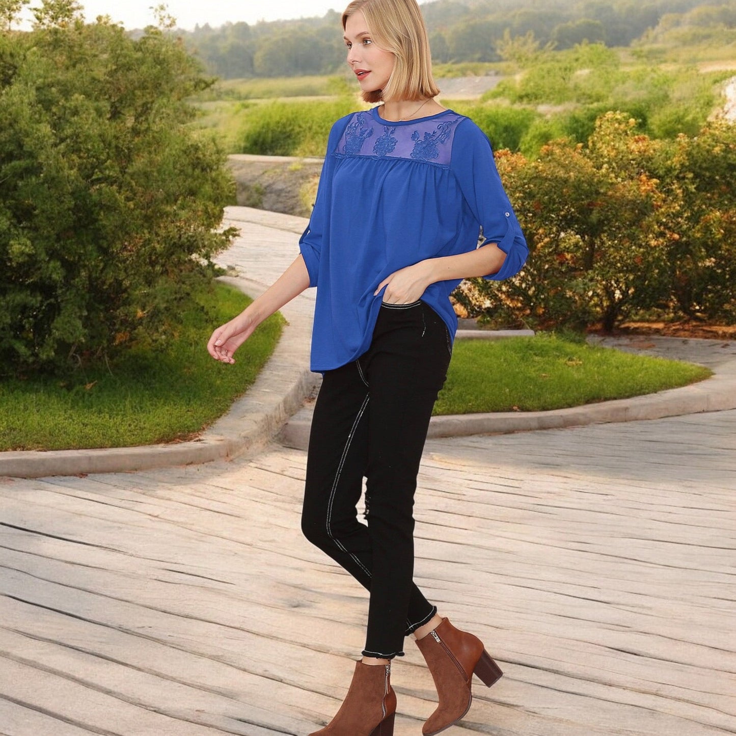 3/4 Sleeve Loose Fit Top with Sheer Floral Lace Yoke and Button Tab Sleeves