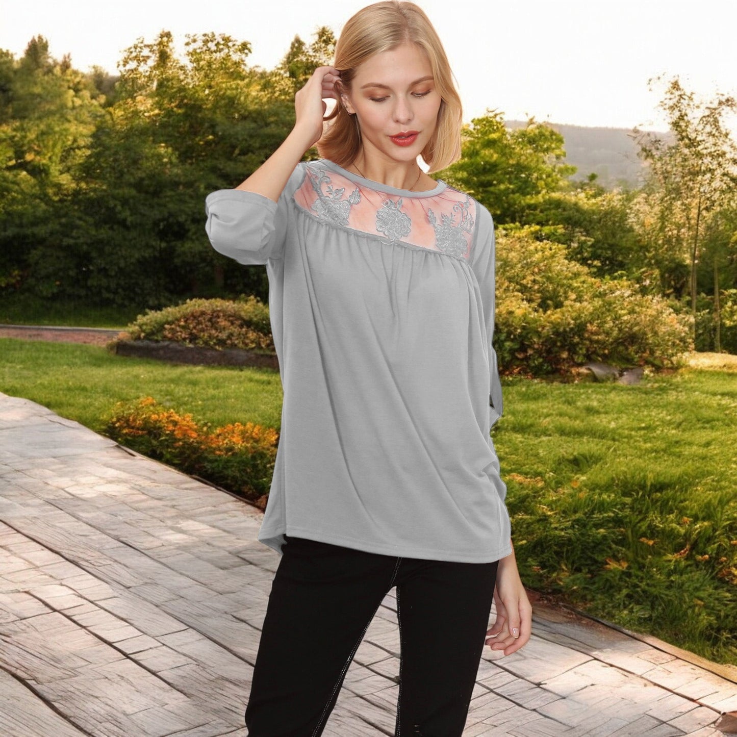 3/4 Sleeve Loose Fit Top with Sheer Floral Lace Yoke and Button Tab Sleeves