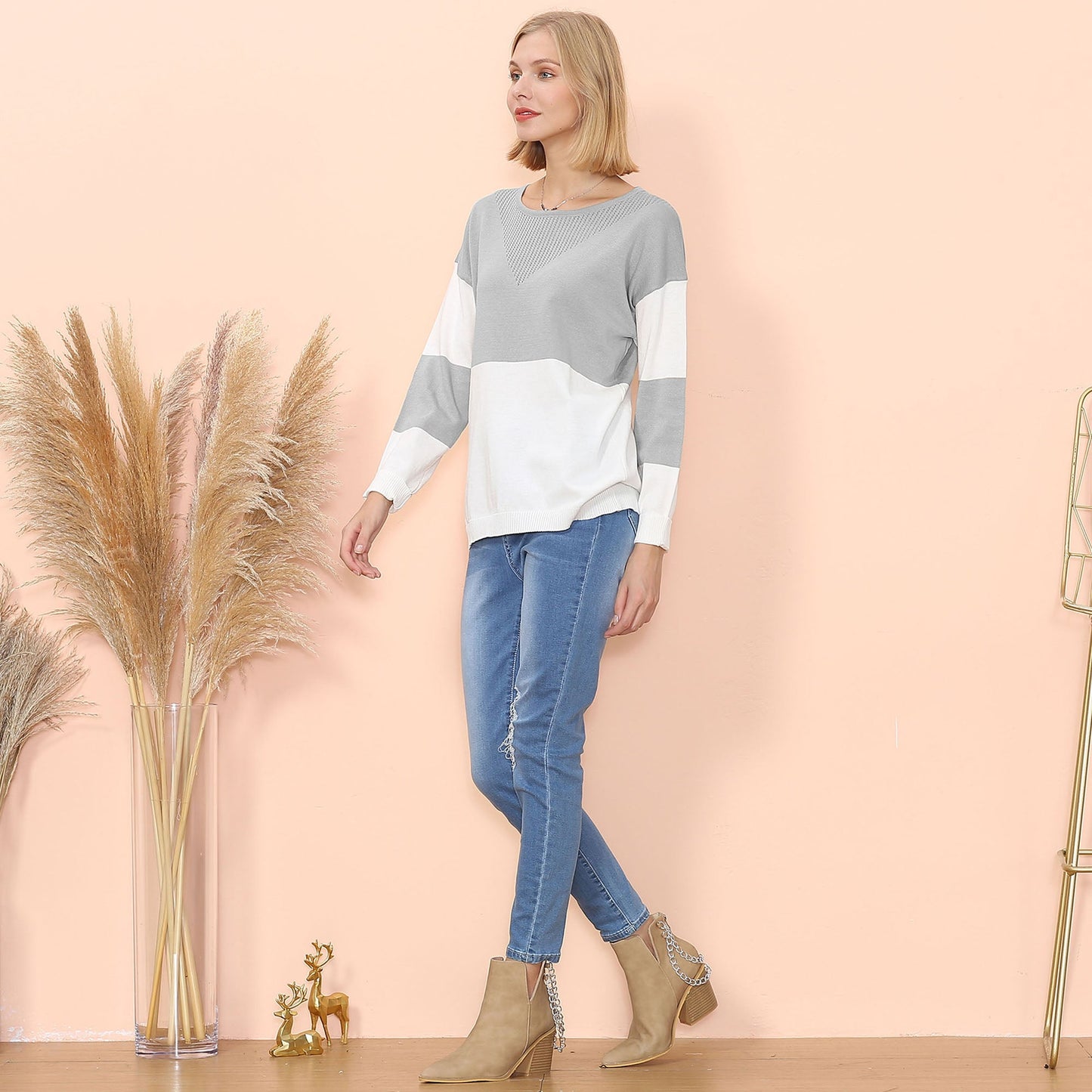 Long Sleeve Color Block Pullover Top with Ribbed Crew Neck and Relaxed Fit