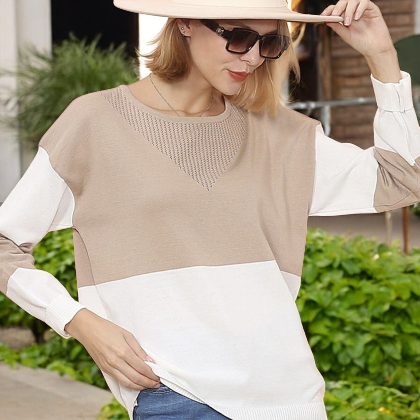Long Sleeve Color Block Pullover Top with Ribbed Crew Neck and Relaxed Fit