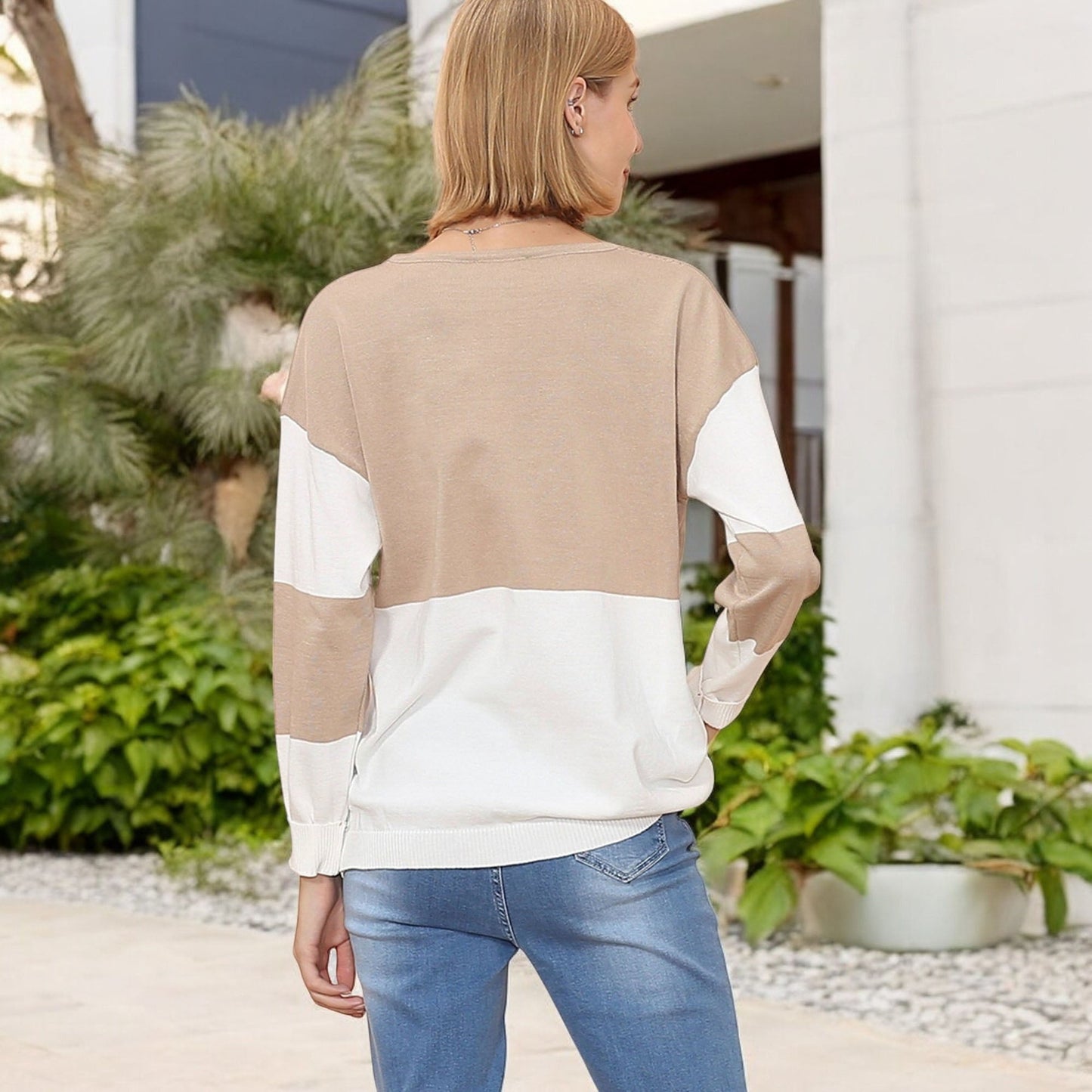 Long Sleeve Color Block Pullover Top with Ribbed Crew Neck and Relaxed Fit