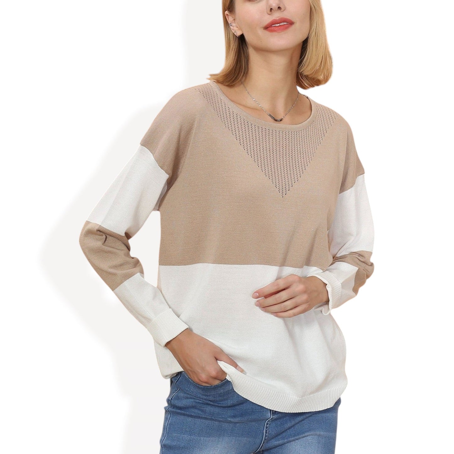 Long Sleeve Color Block Pullover Top with Ribbed Crew Neck and Relaxed Fit