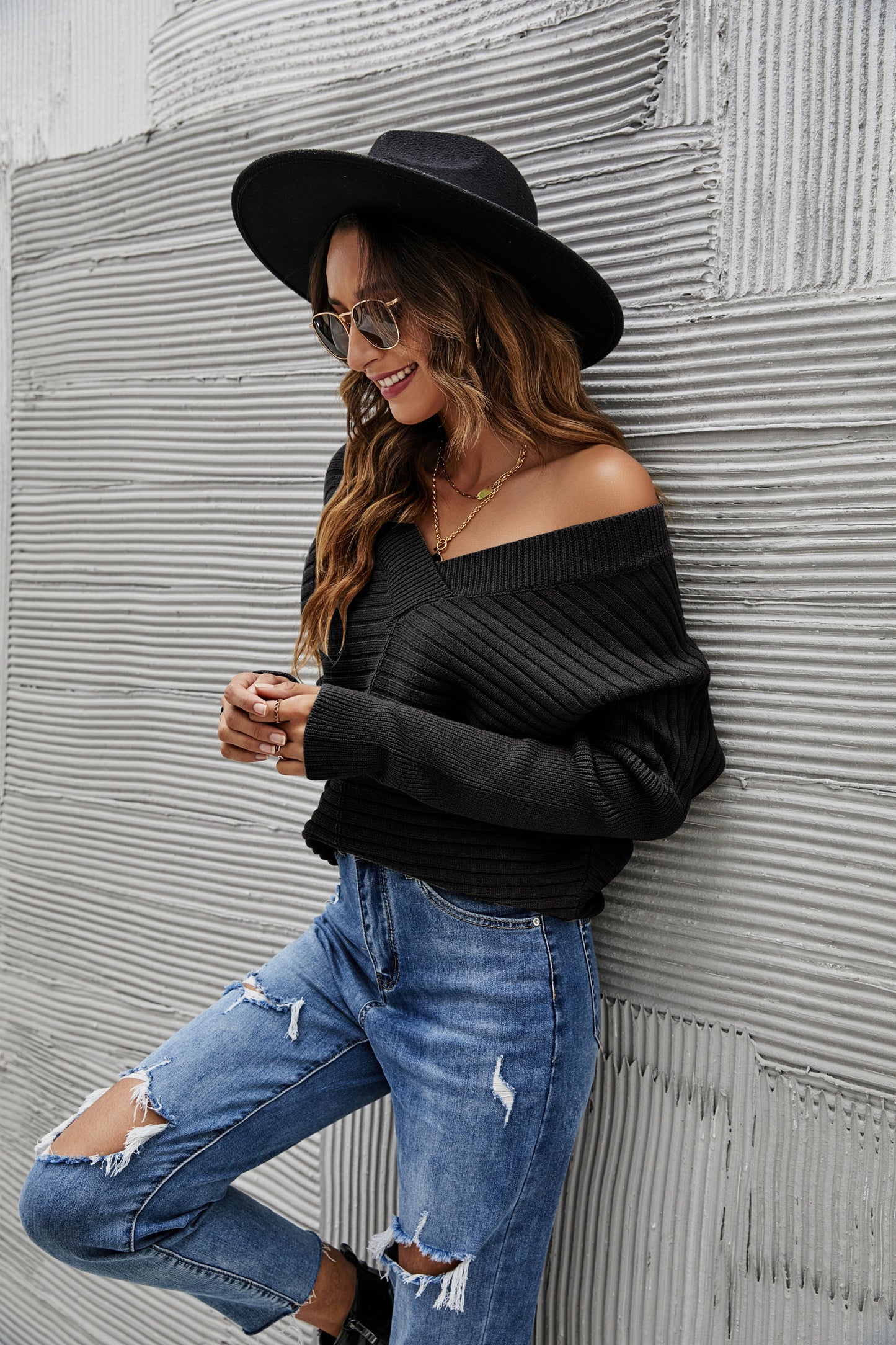 Solid Color Ribbed Sweater