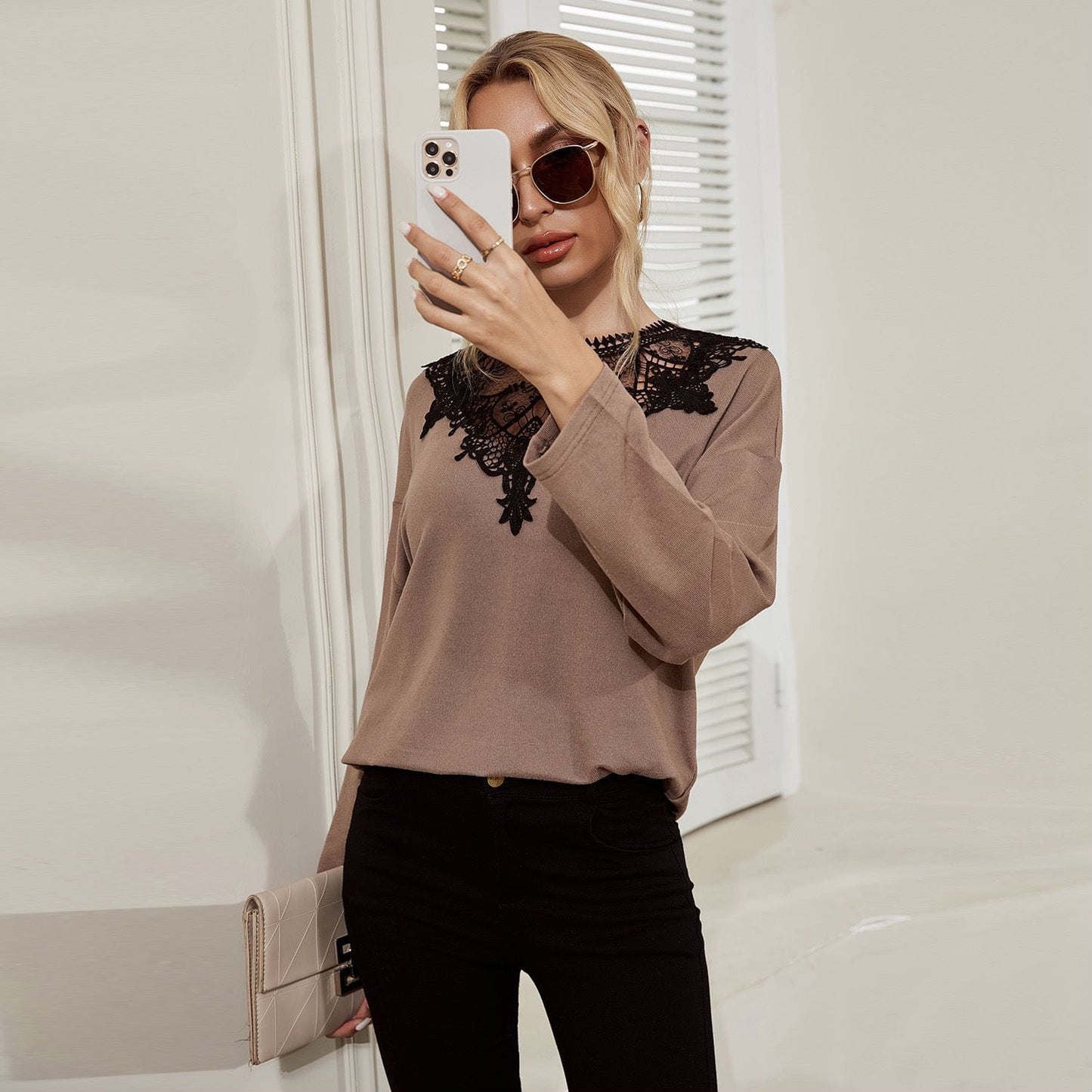 Lace Neck Drop Shoulder Sweater