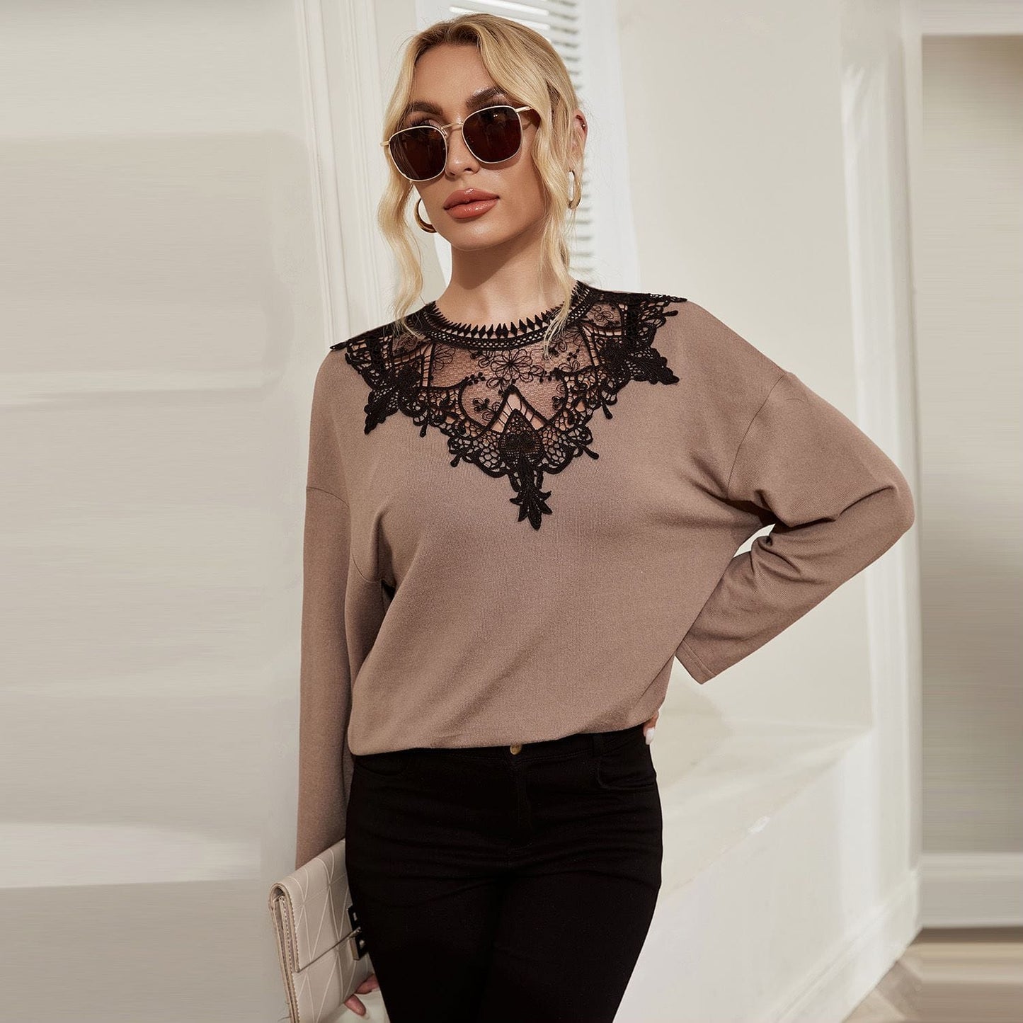 Lace Neck Drop Shoulder Sweater