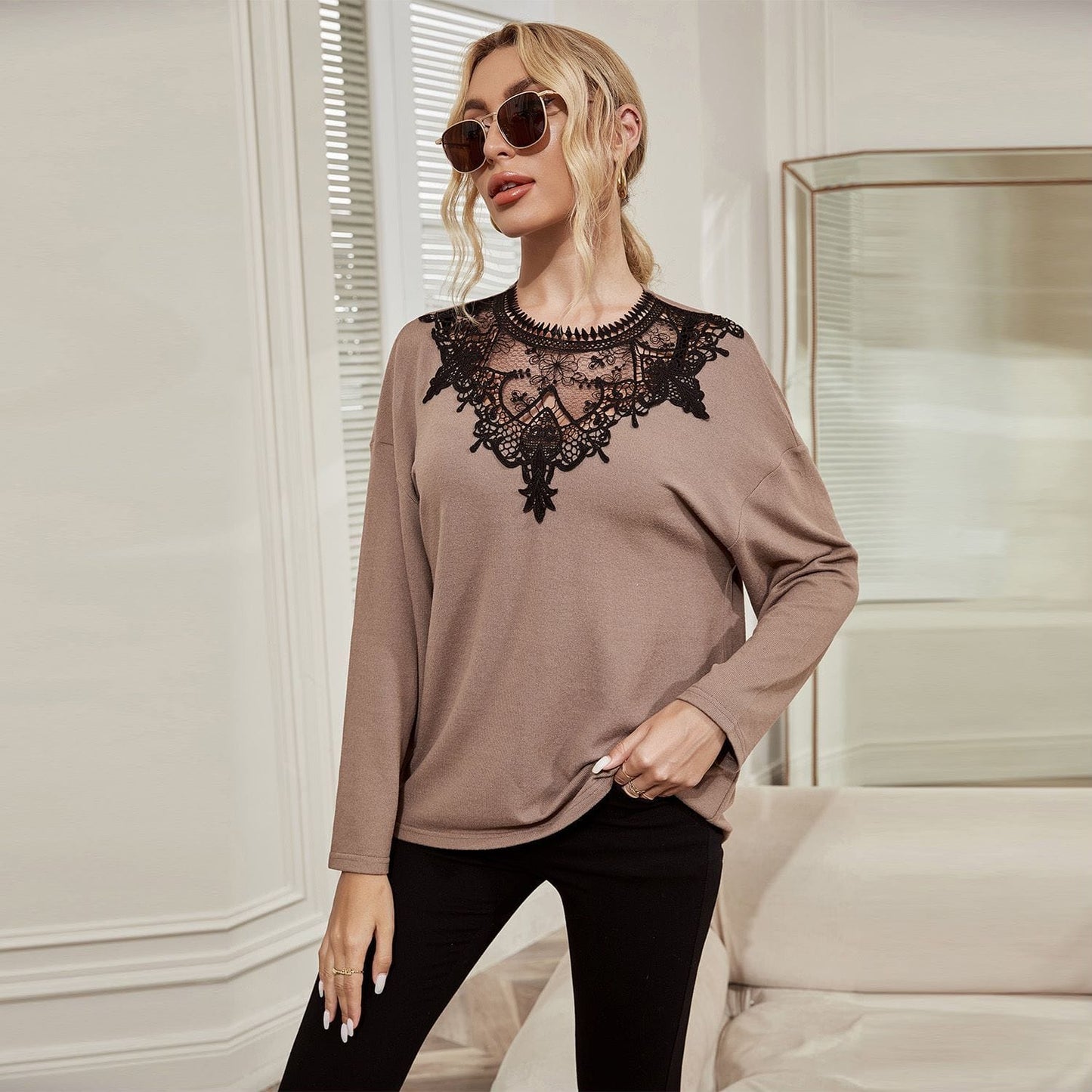 Lace Neck Drop Shoulder Sweater
