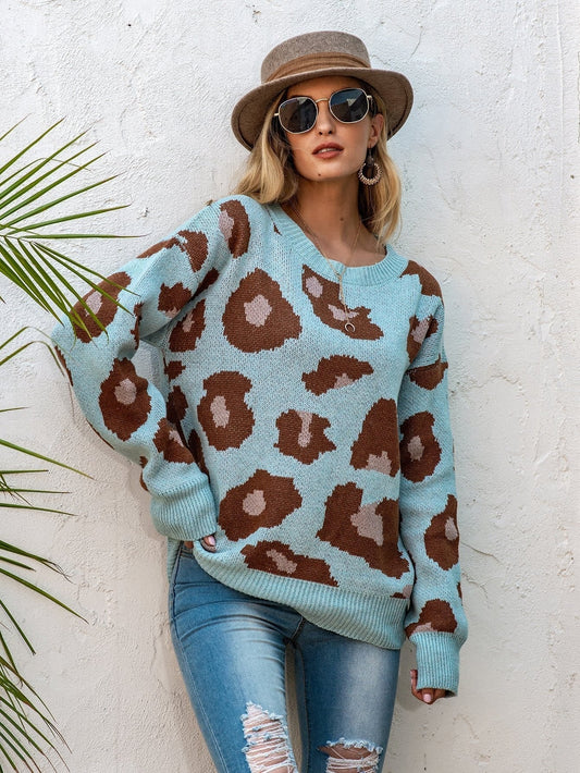 Drop Shoulder Leopard Knit Sweater
