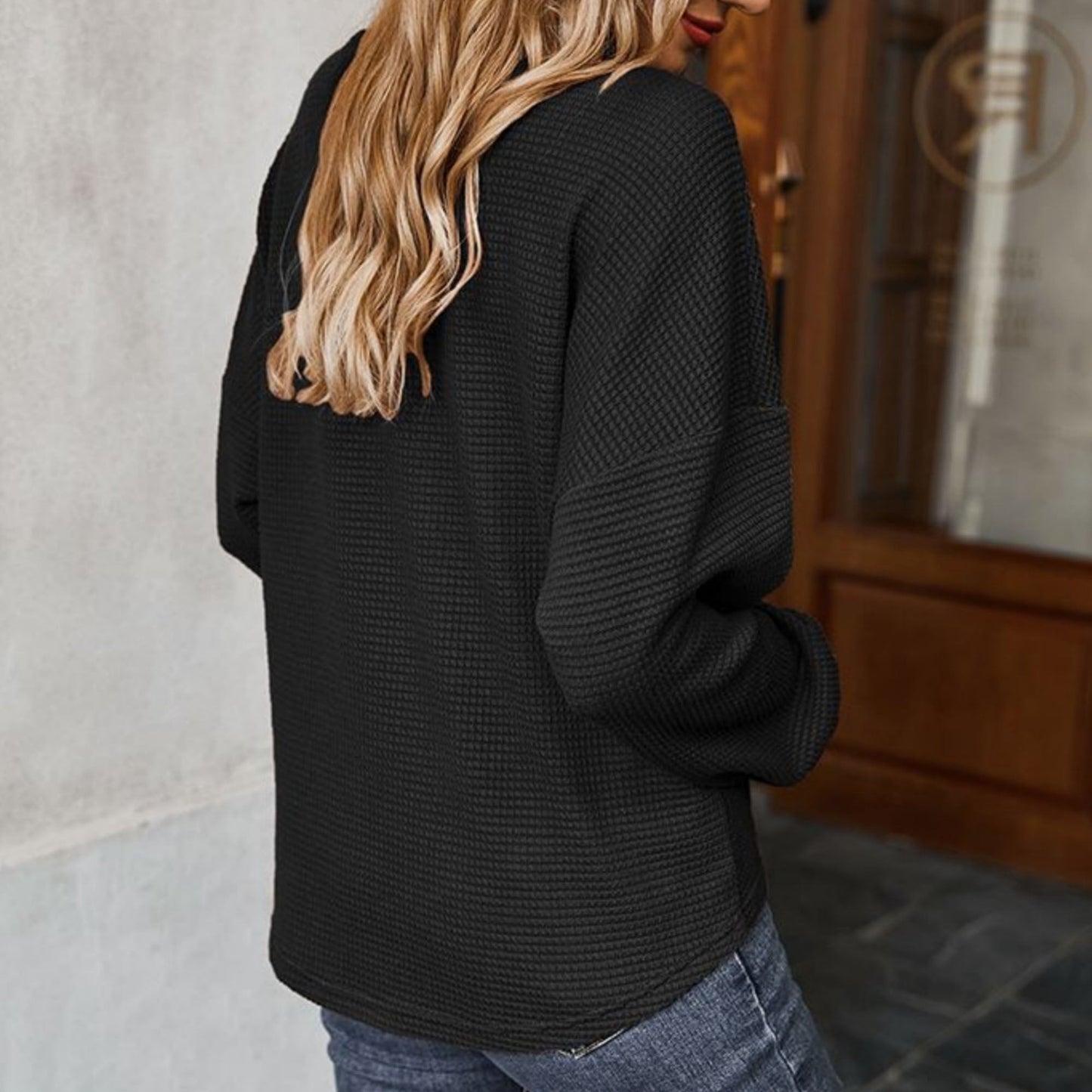 Long Sleeve Waffle Knit Pullover Top with Shoulder Button Detail and Front Tie Hem