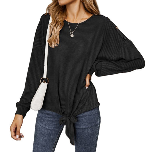 Long Sleeve Waffle Knit Pullover Top with Shoulder Button Detail and Front Tie Hem