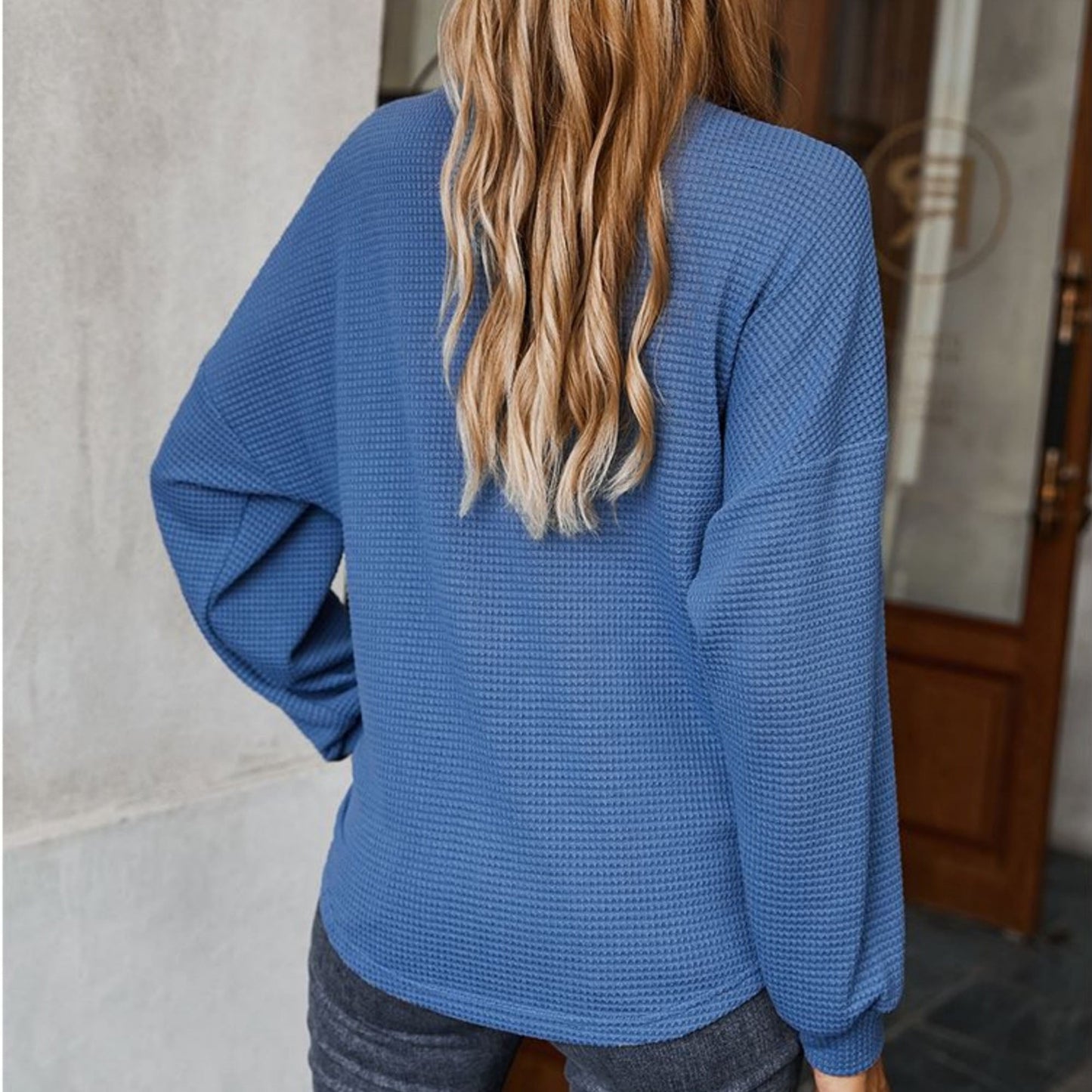 Long Sleeve Waffle Knit Pullover Top with Shoulder Button Detail and Front Tie Hem