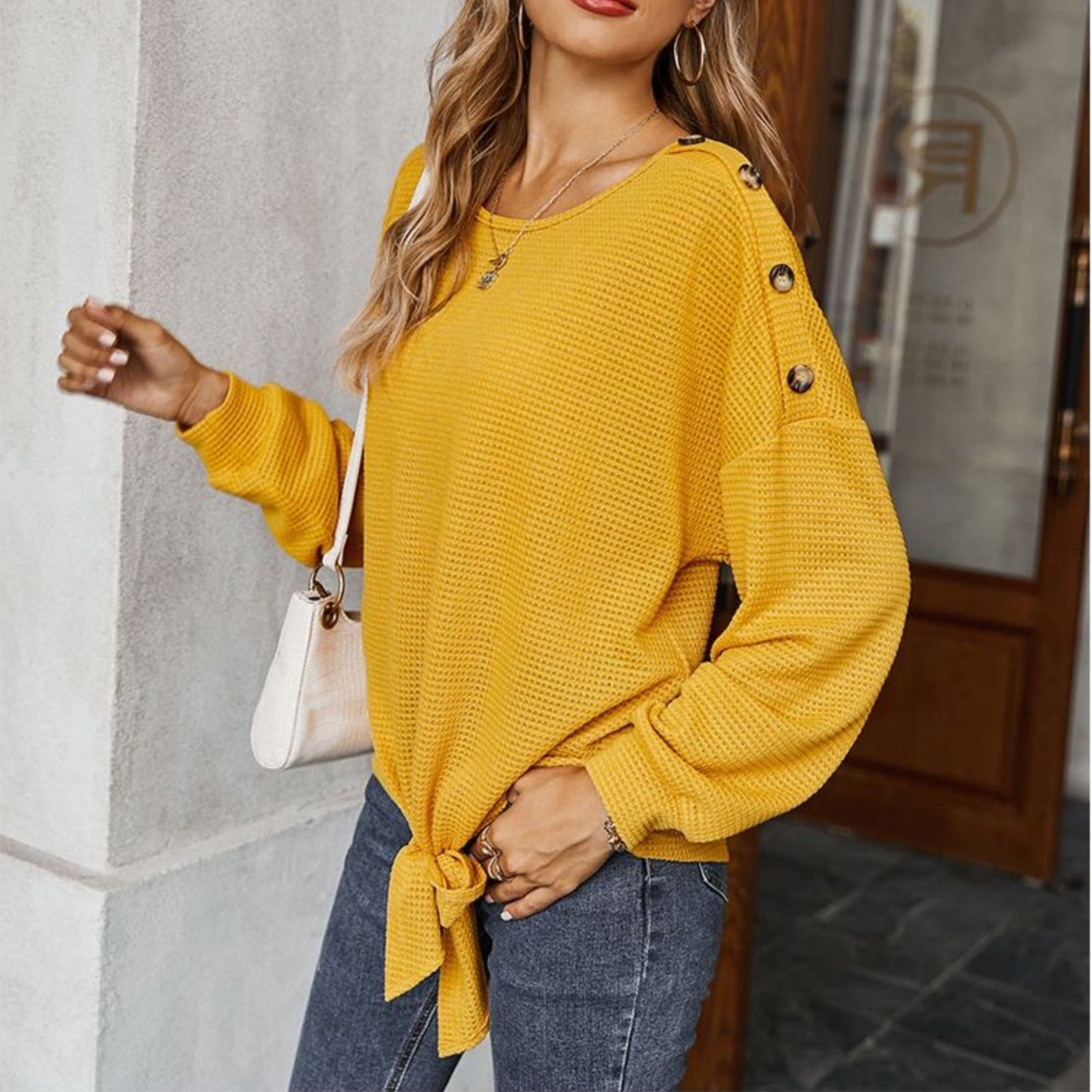 Long Sleeve Waffle Knit Pullover Top with Shoulder Button Detail and Front Tie Hem