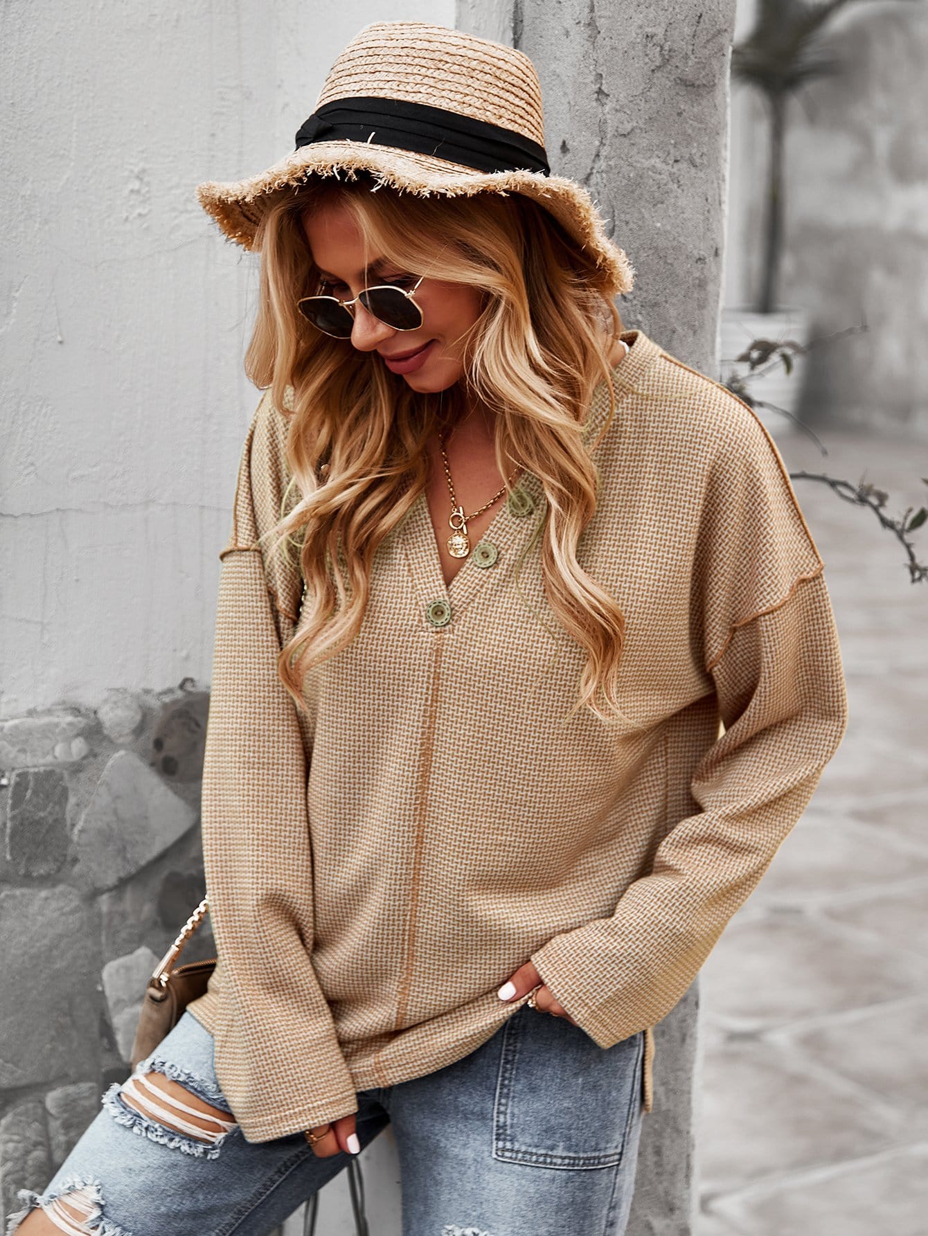 V Neck Contrast Button Sweater