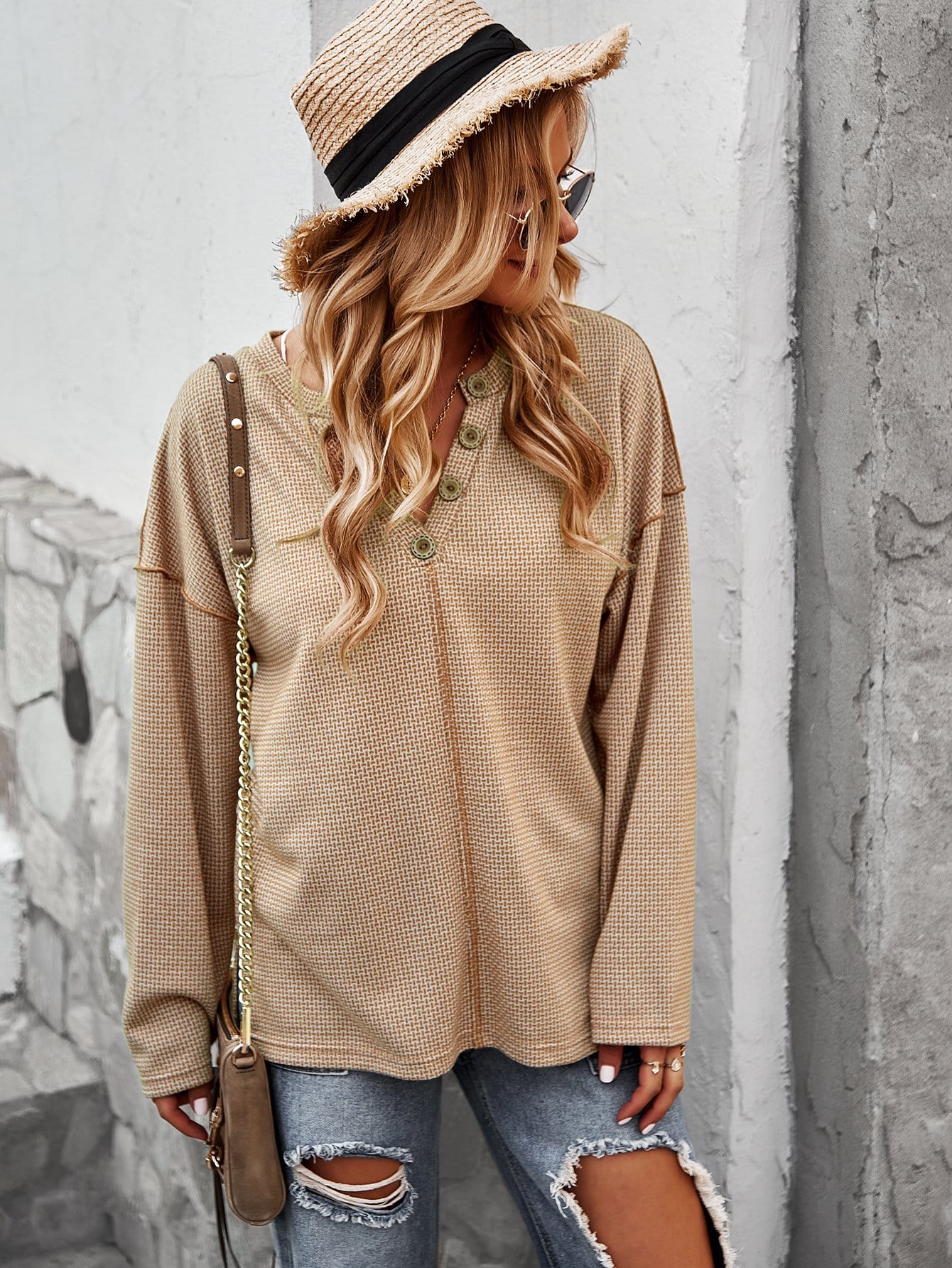 V Neck Contrast Button Sweater