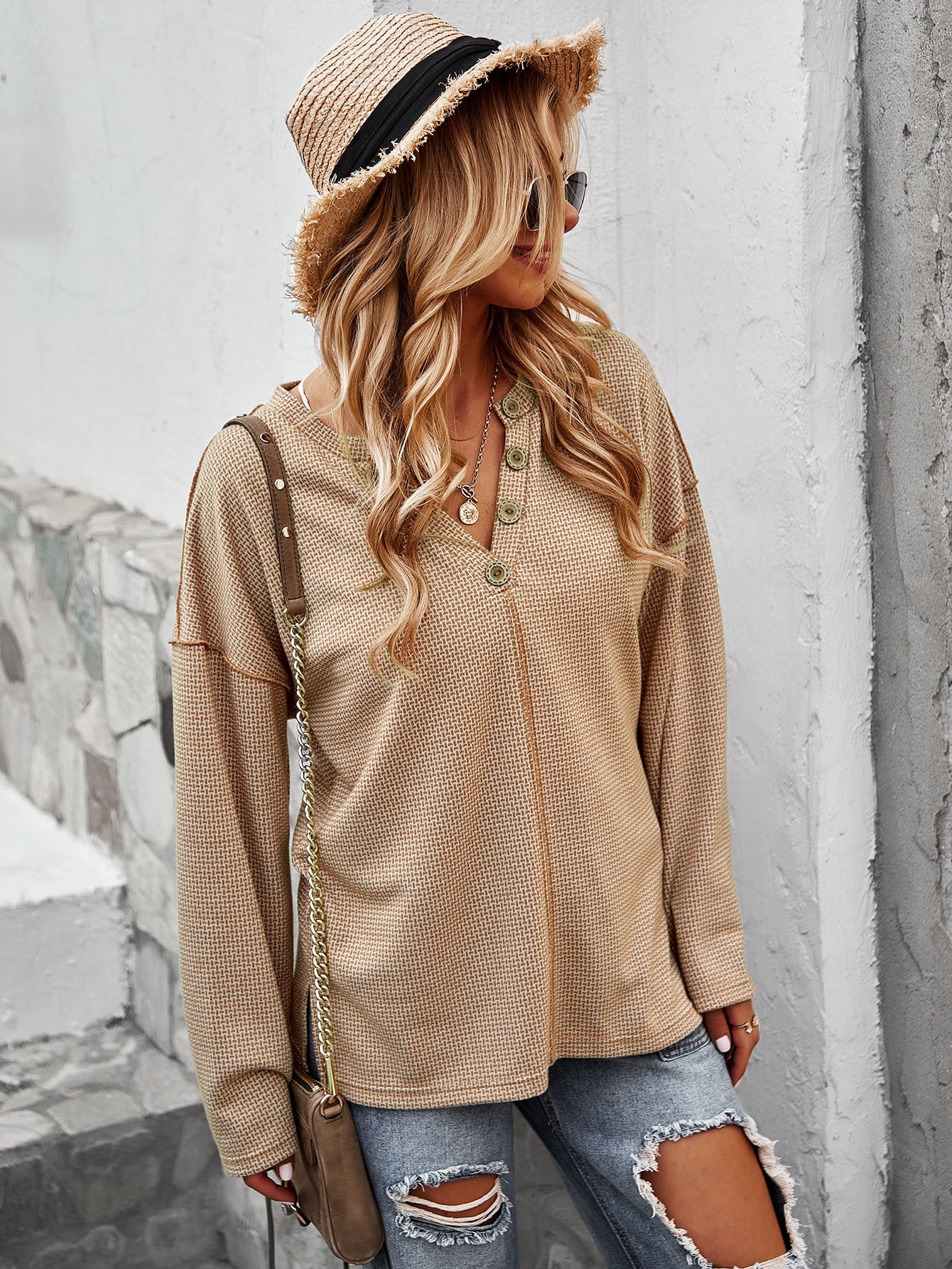 V Neck Contrast Button Sweater