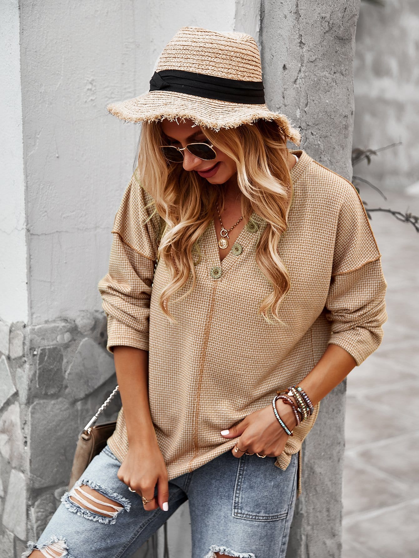 V Neck Contrast Button Sweater