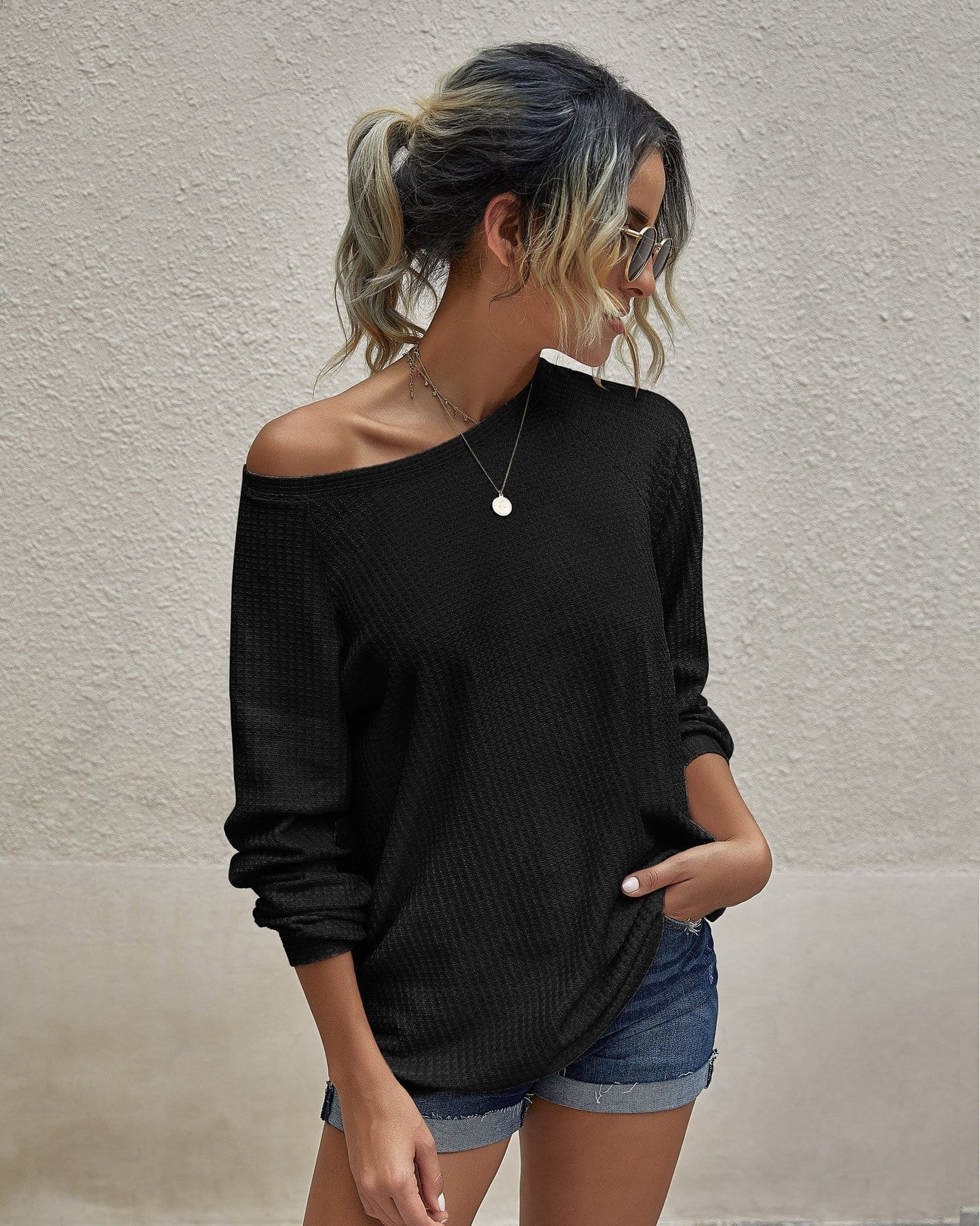 Waffle Knit Raglan Sleeve Sweater