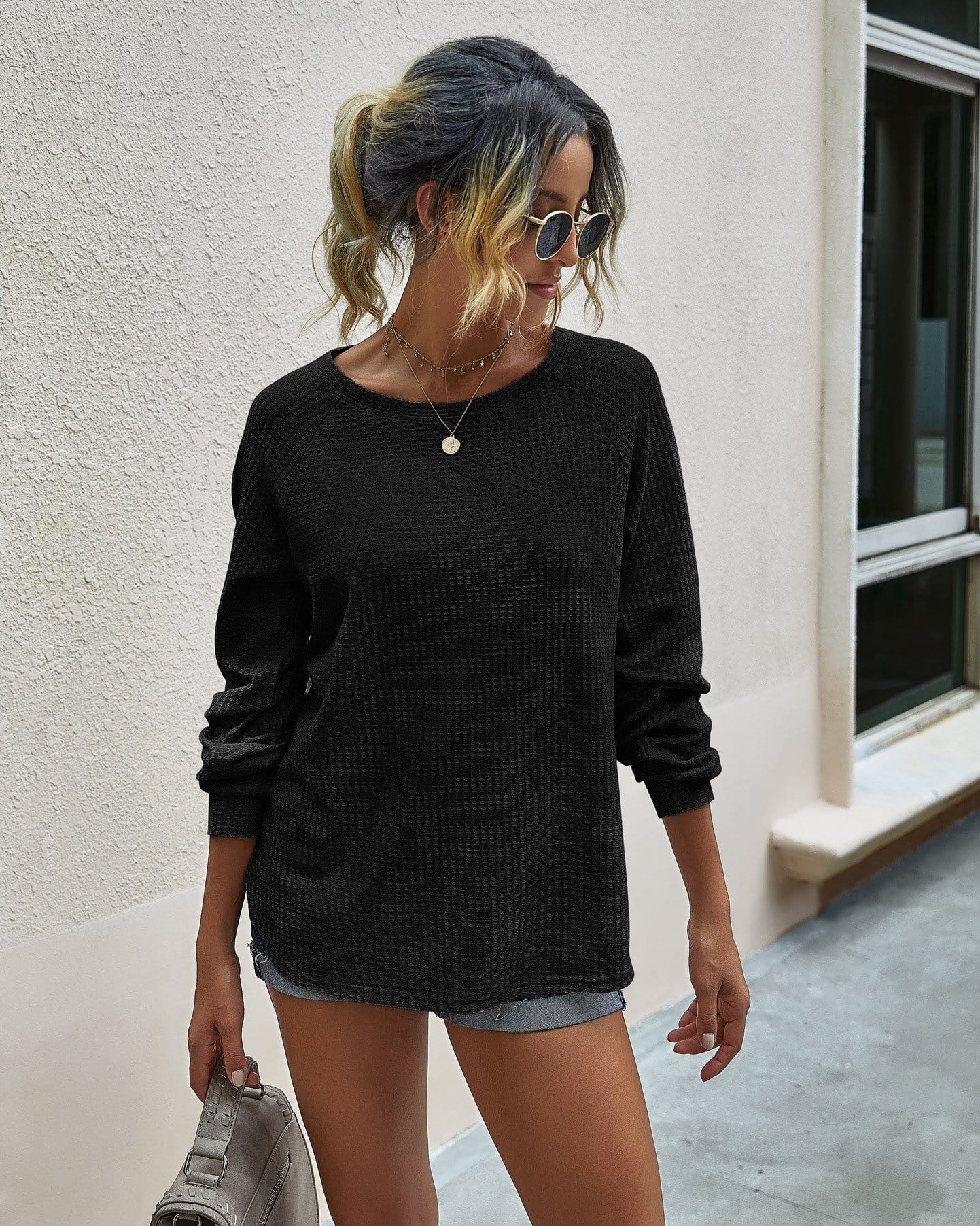 Waffle Knit Raglan Sleeve Sweater