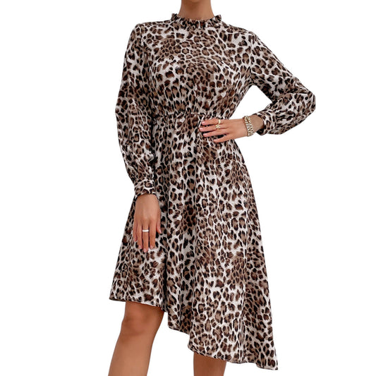 Long Sleeve Leopard Print Midi Dress with High Neckline and Asymmetrical Hem