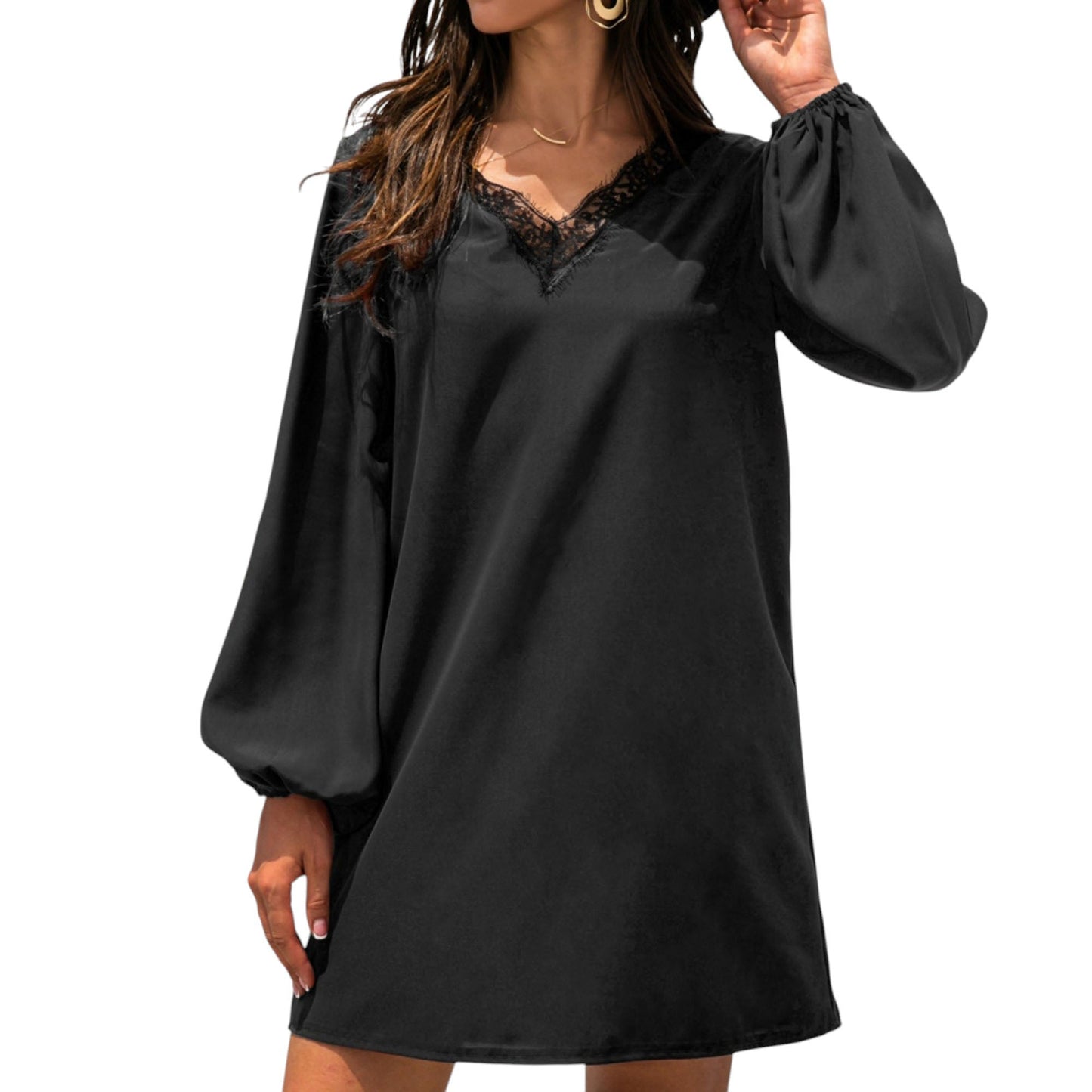 Long Sleeve Mini Shift Dress with V-Neckline and Lace Trim Detail