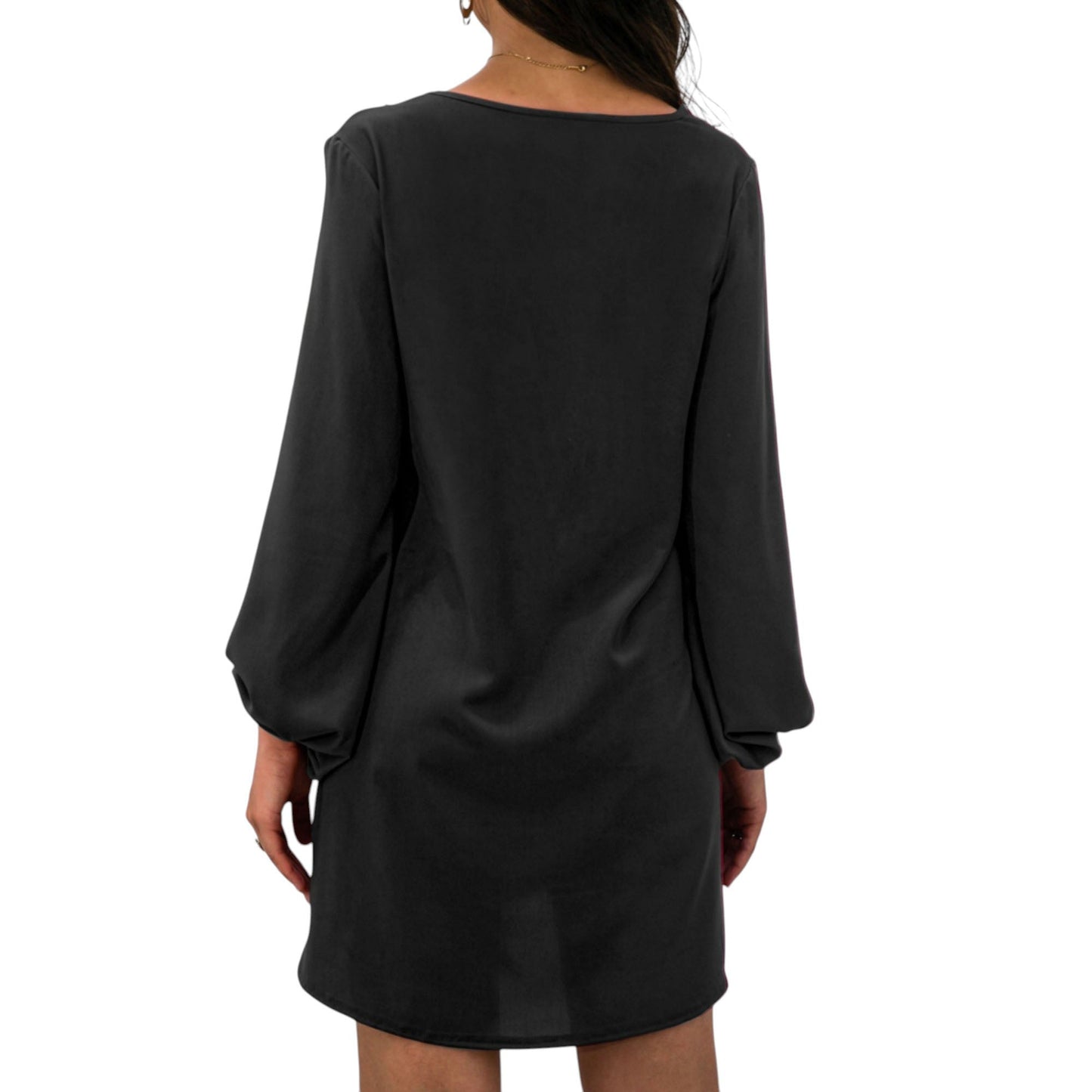 Long Sleeve Mini Shift Dress with V-Neckline and Lace Trim Detail