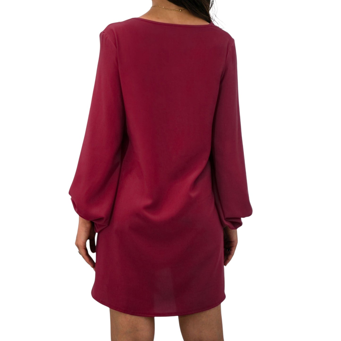 Long Sleeve Mini Shift Dress with V-Neckline and Lace Trim Detail