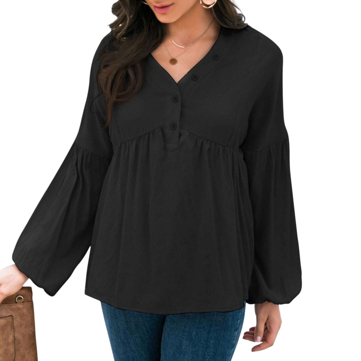 Long Sleeve Button Front Peasant Top with Gathered Waist and Flowy Fit