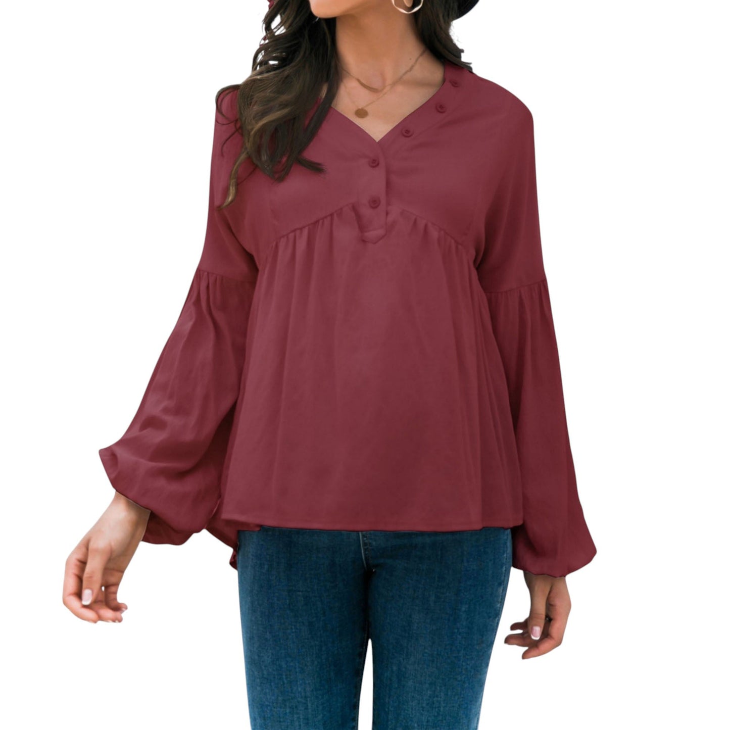 Long Sleeve Button Front Peasant Top with Gathered Waist and Flowy Fit
