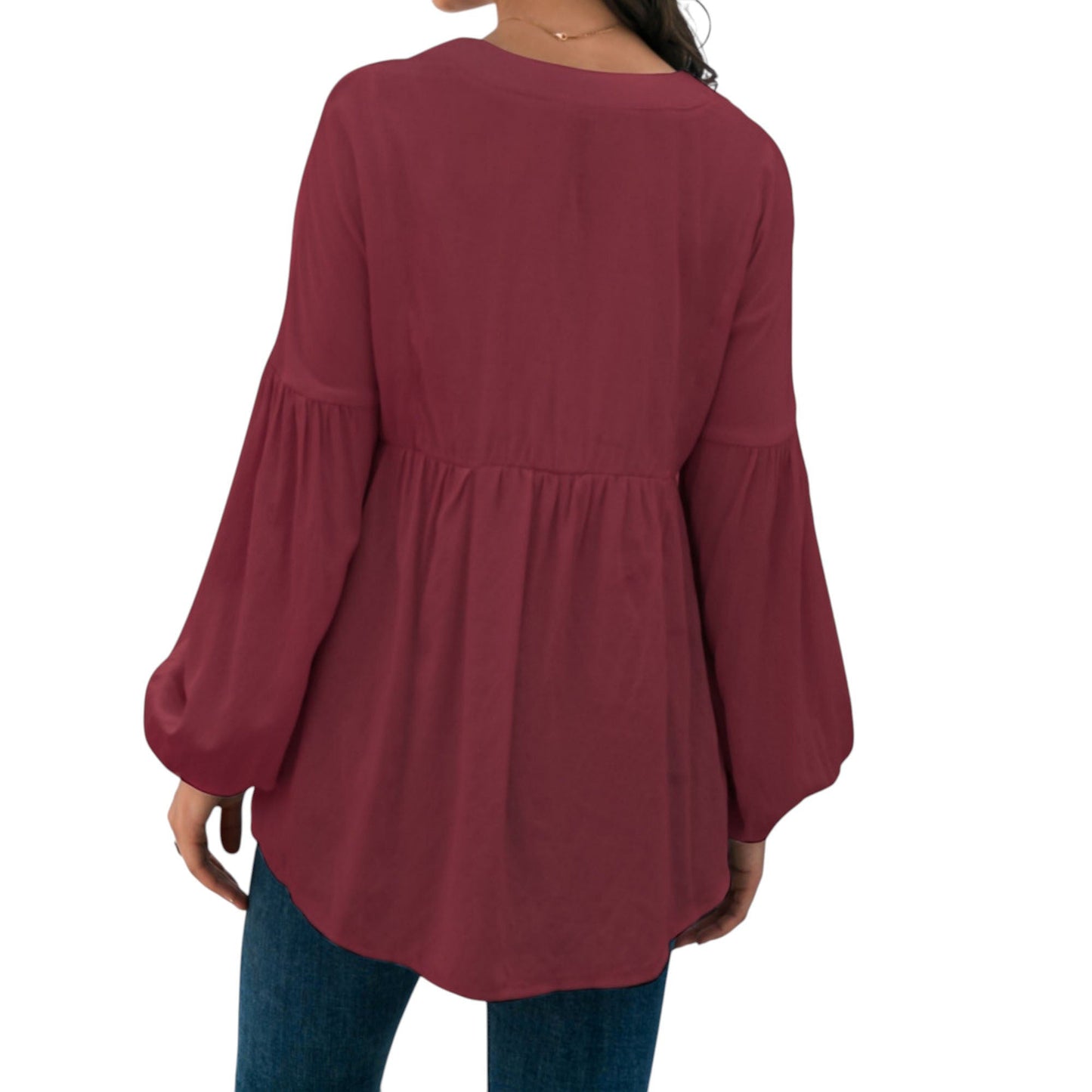 Long Sleeve Button Front Peasant Top with Gathered Waist and Flowy Fit