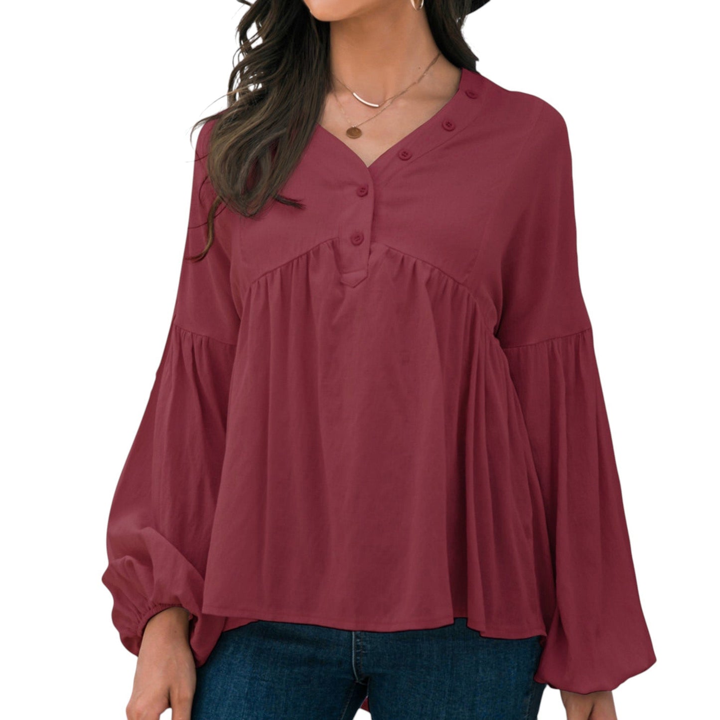 Long Sleeve Button Front Peasant Top with Gathered Waist and Flowy Fit