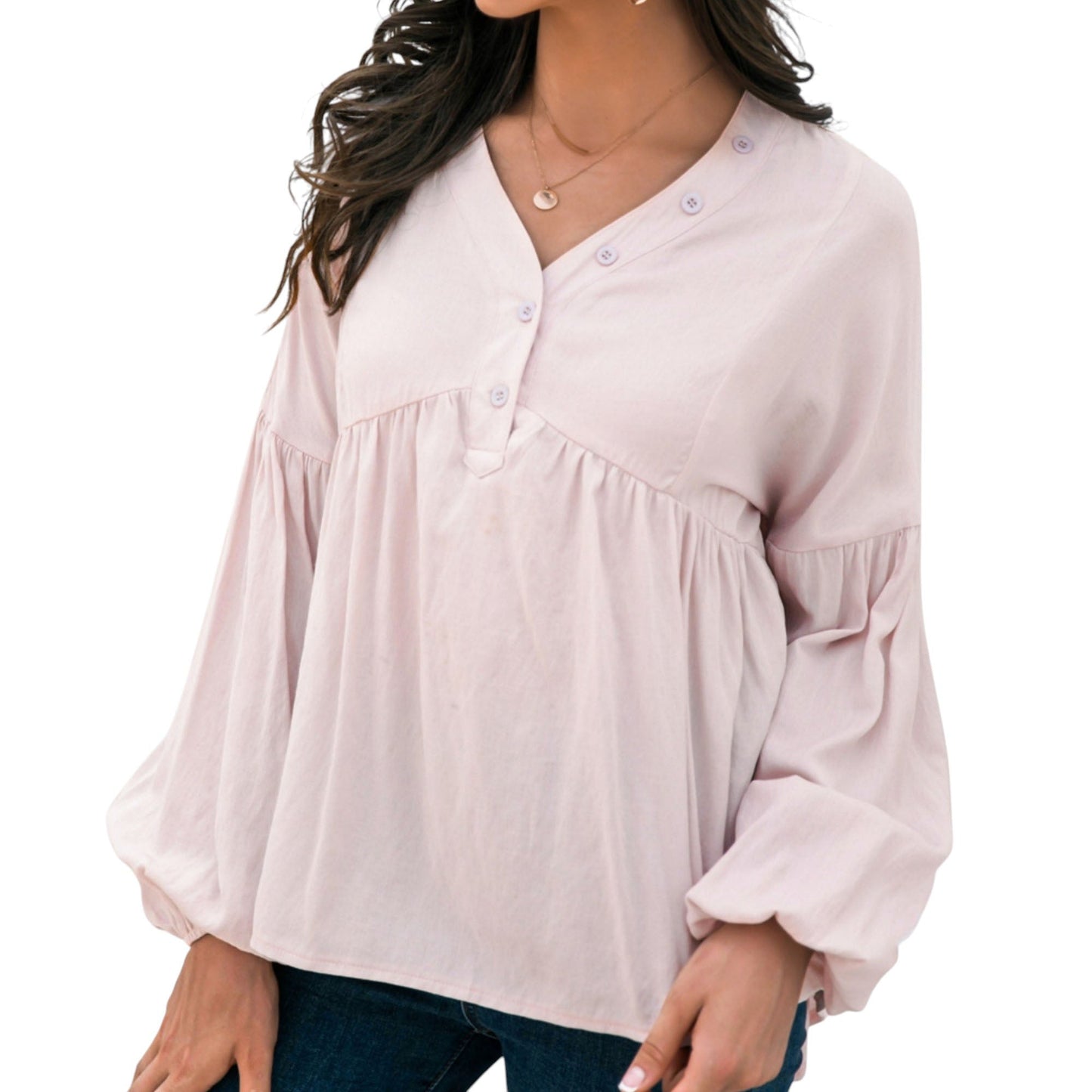 Long Sleeve Button Front Peasant Top with Gathered Waist and Flowy Fit