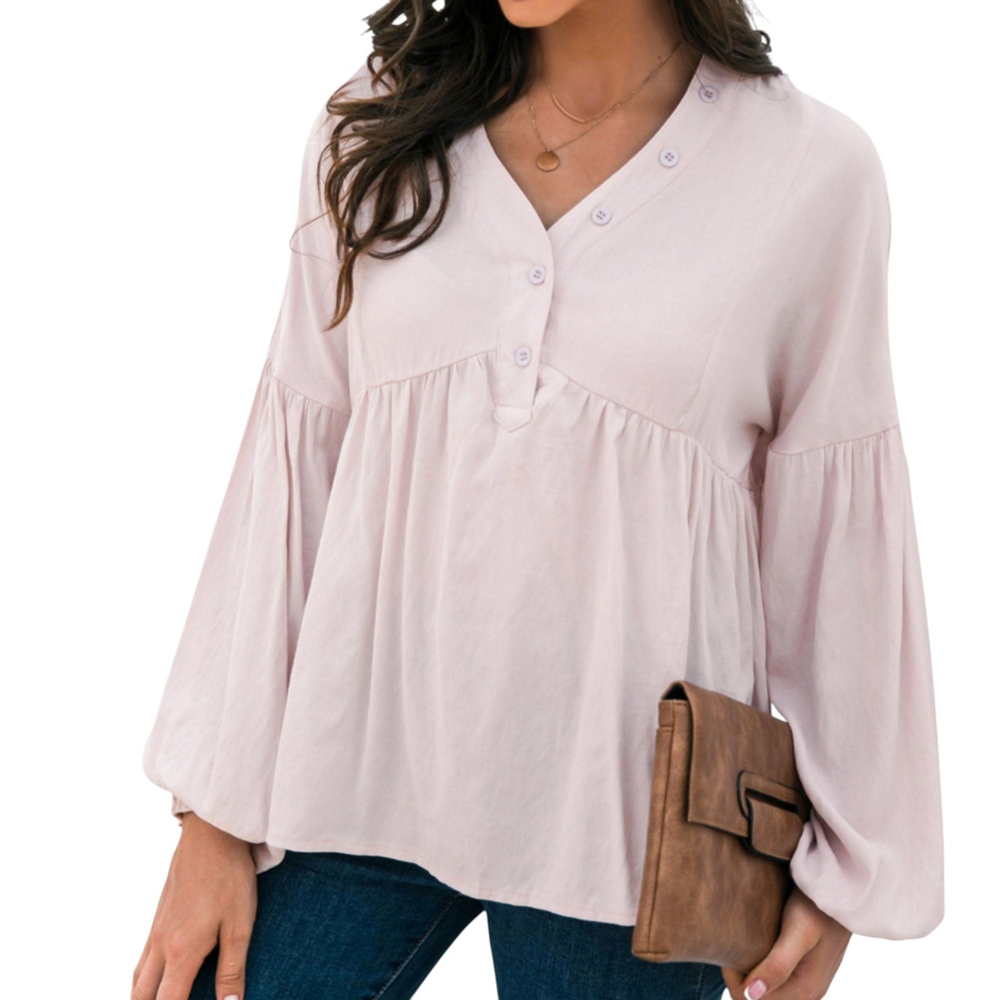 Long Sleeve Button Front Peasant Top with Gathered Waist and Flowy Fit