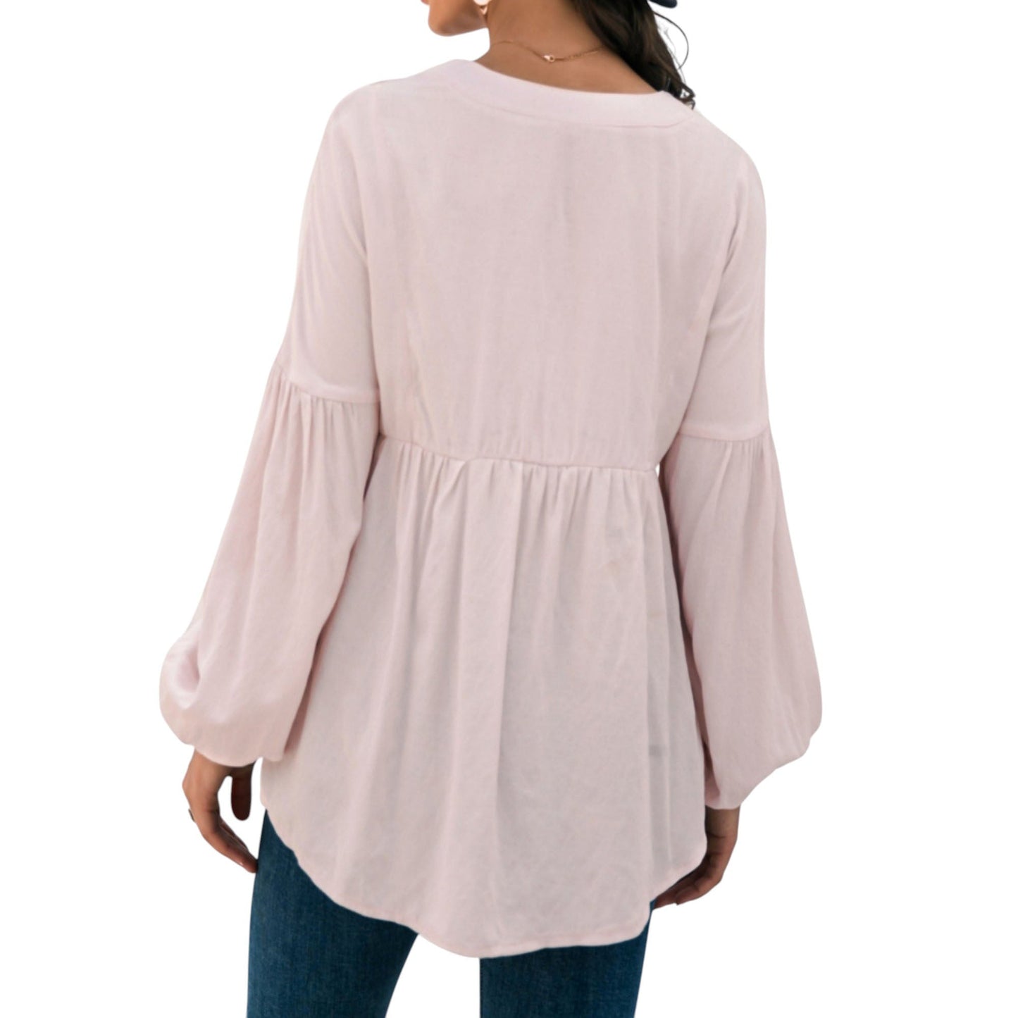 Long Sleeve Button Front Peasant Top with Gathered Waist and Flowy Fit
