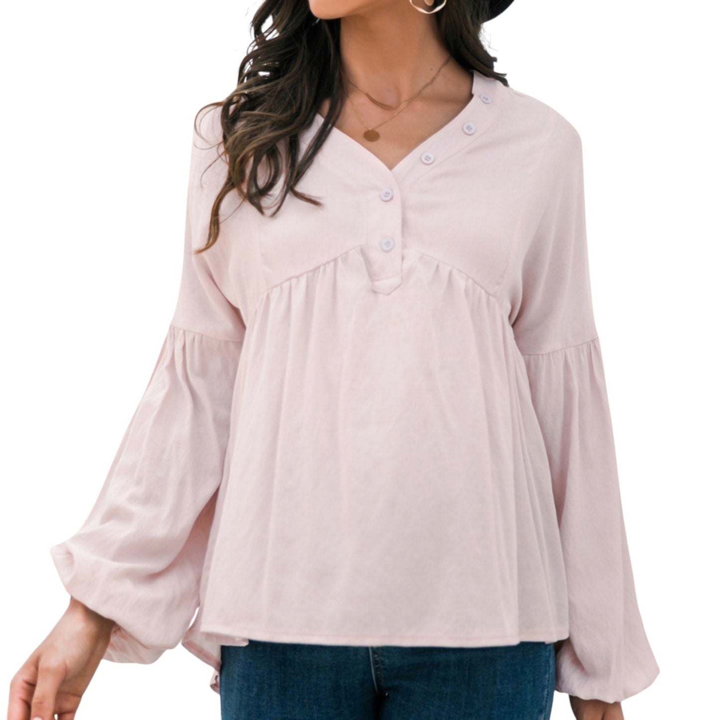 Long Sleeve Button Front Peasant Top with Gathered Waist and Flowy Fit
