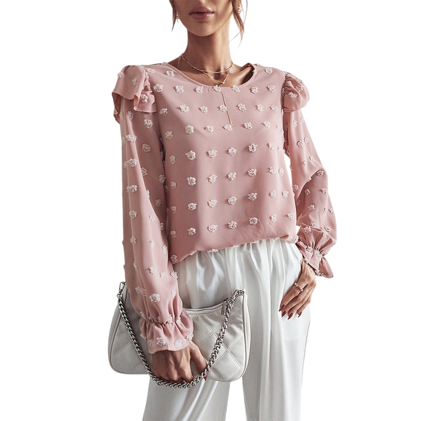Long Sleeve Textured Blouse with Raised Floral Details and Shoulder Ruffle Accents