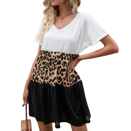 Short Sleeve V-Neck Color Block Dress with Leopard Print Waist Detail and Flowy Hem