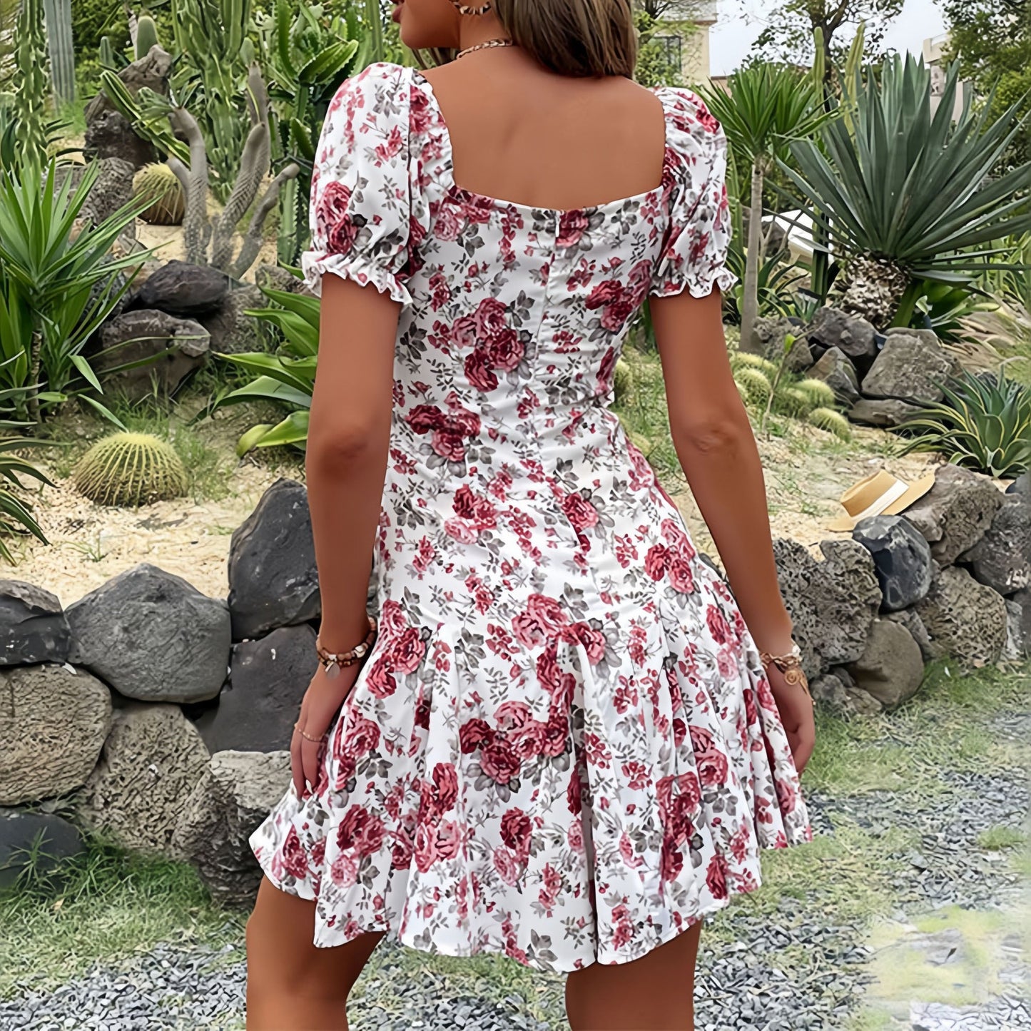 Puff Sleeve Mini Dress with Square Neckline and Flared Hem