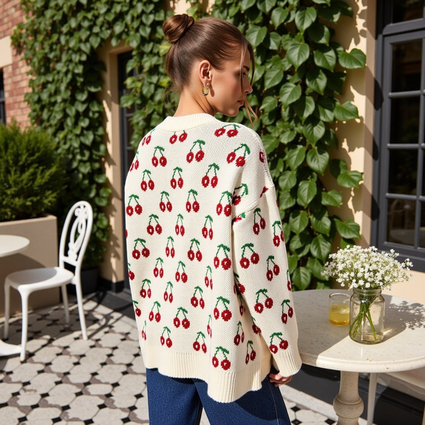 Long Sleeve Pullover Knit Sweater with Cherry Pattern